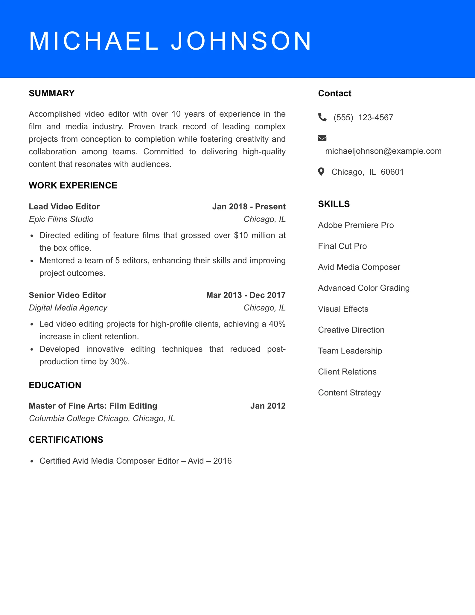 Senior Level Video Editor Resume Sample