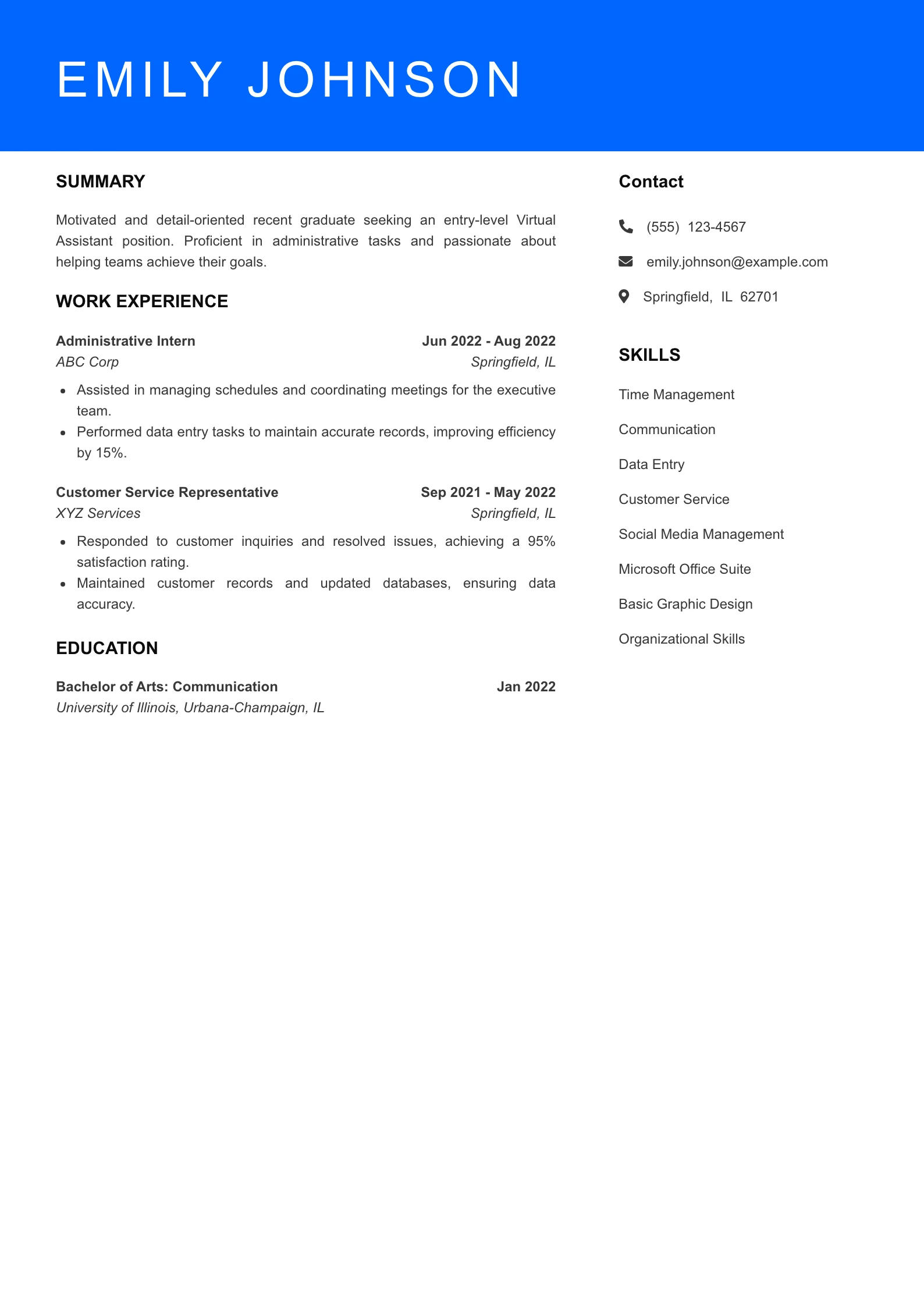 Selected Virtual Assistant Resume