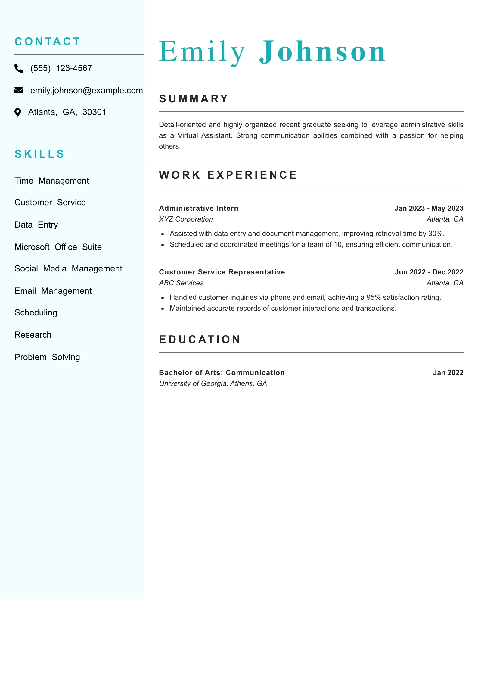 Entry Level Virtual Assistant Resume Example
