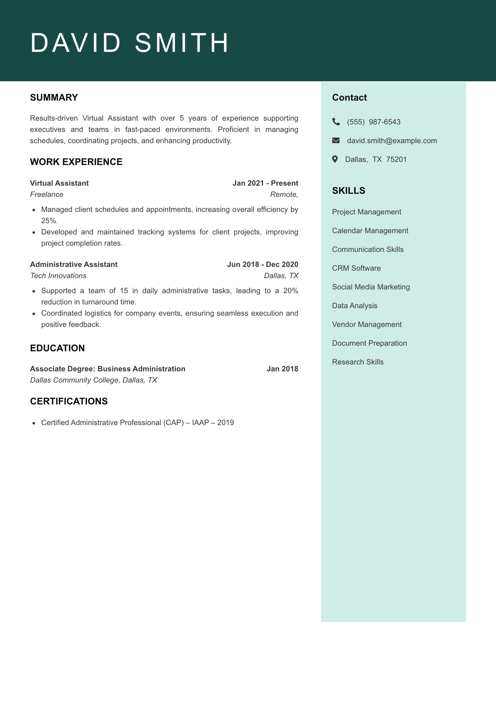 Mid Level Virtual Assistant Resume Example