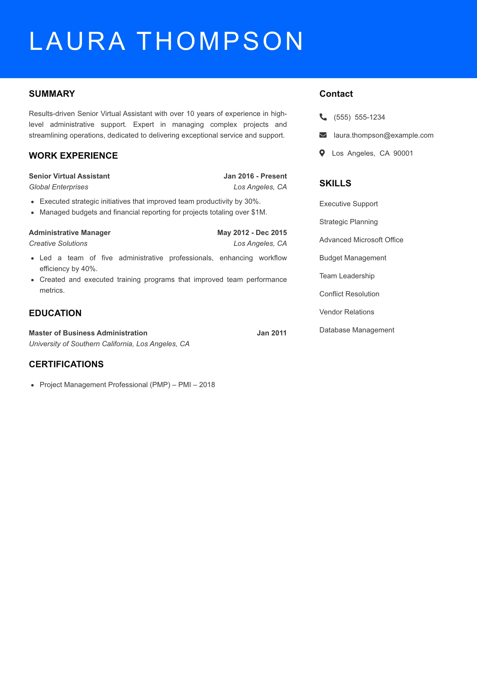 Senior Level Virtual Assistant Resume Sample