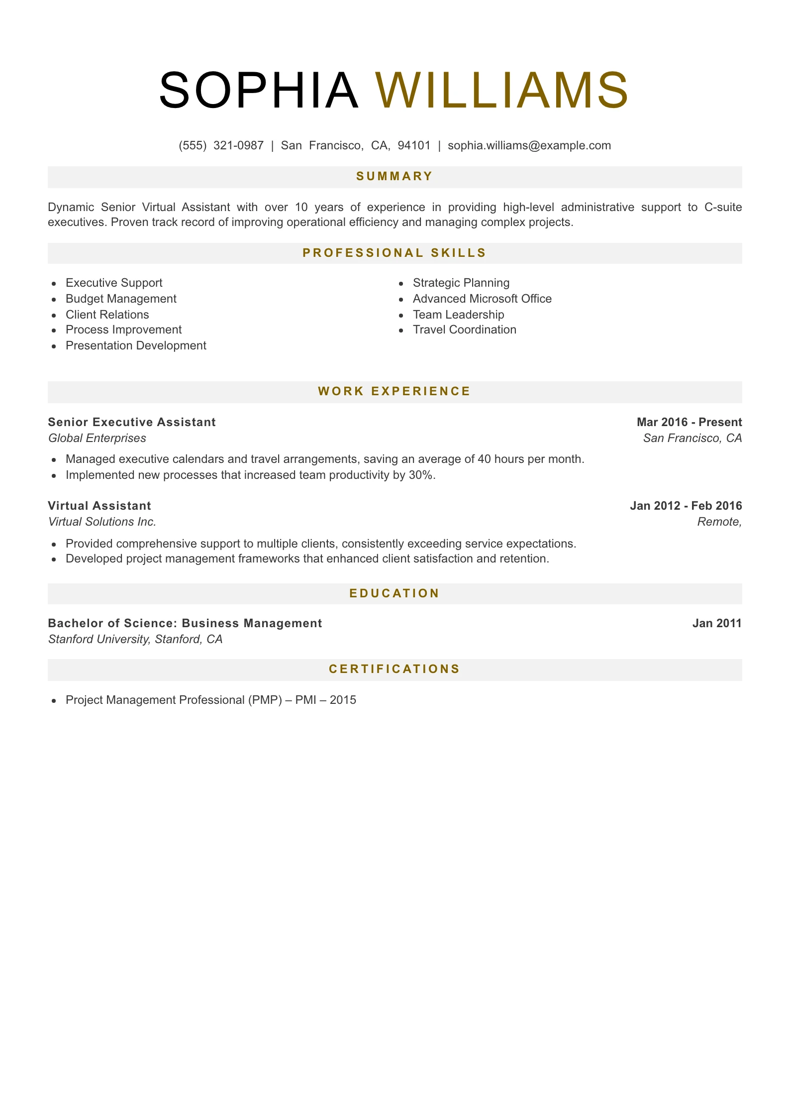 Senior Level Virtual Assistant Resume Example