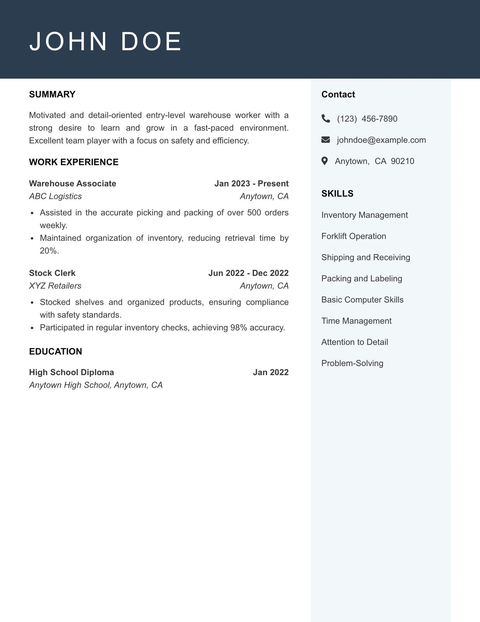 Entry Level Warehouse Worker Resume Example