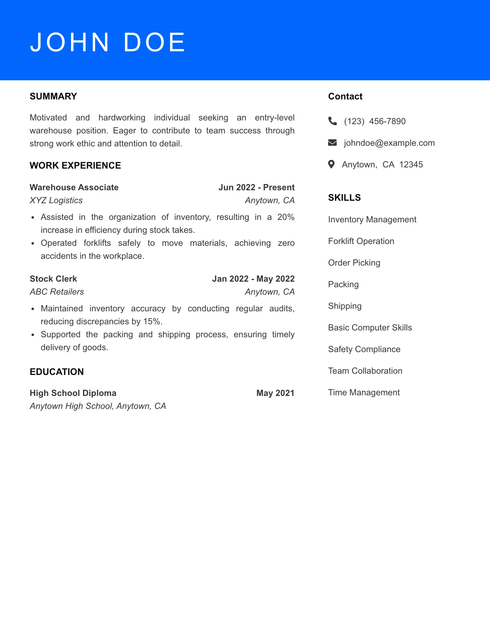 Selected Warehouse Worker Resume