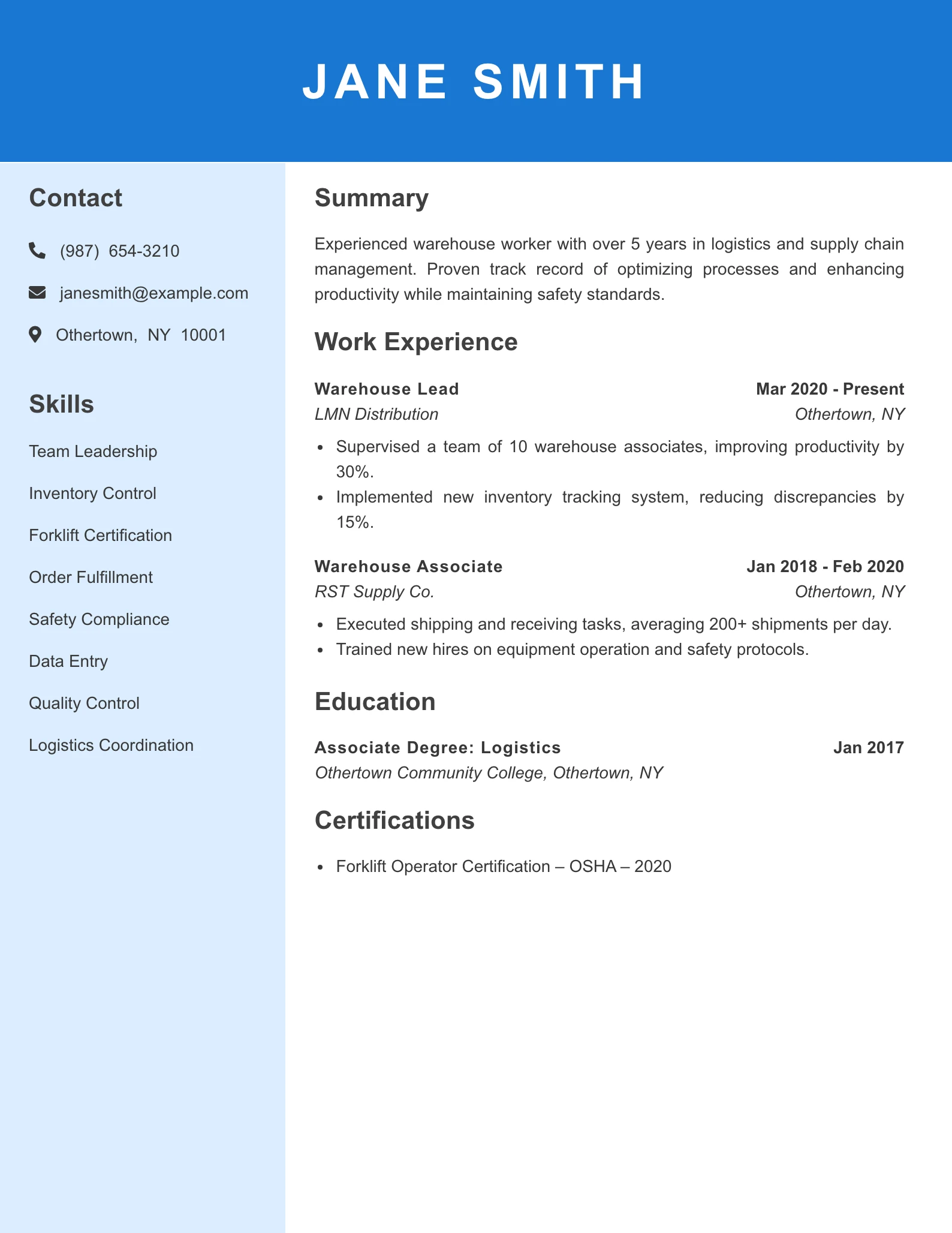 Mid Level Warehouse Worker Resume Example