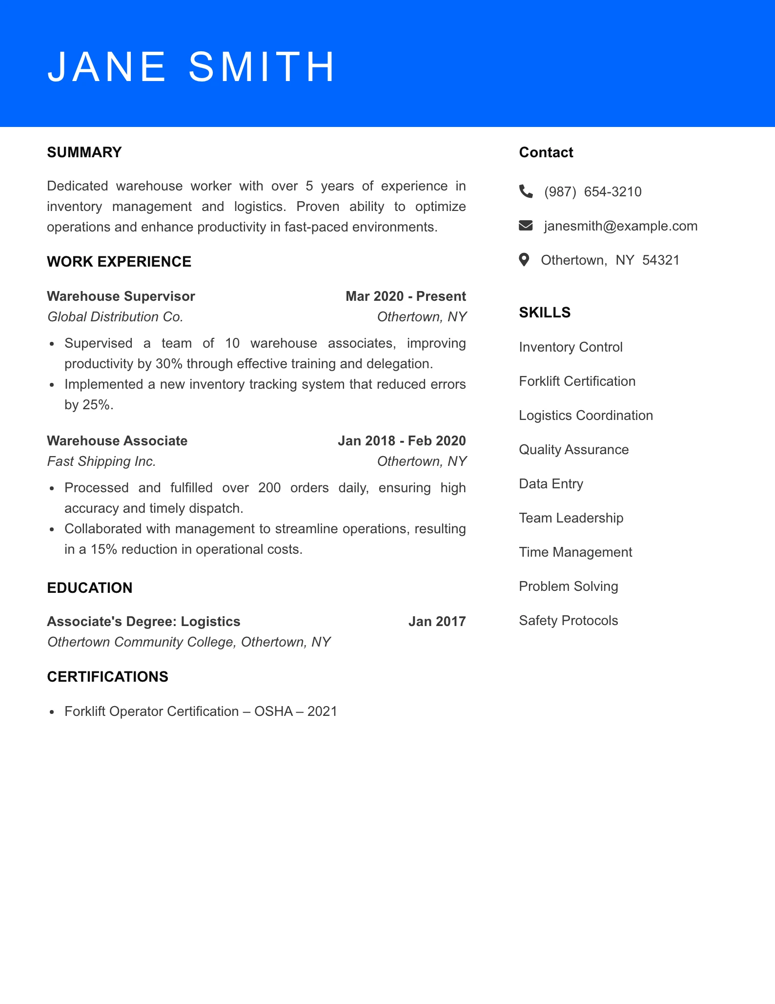 Mid Level Warehouse Worker Resume Sample