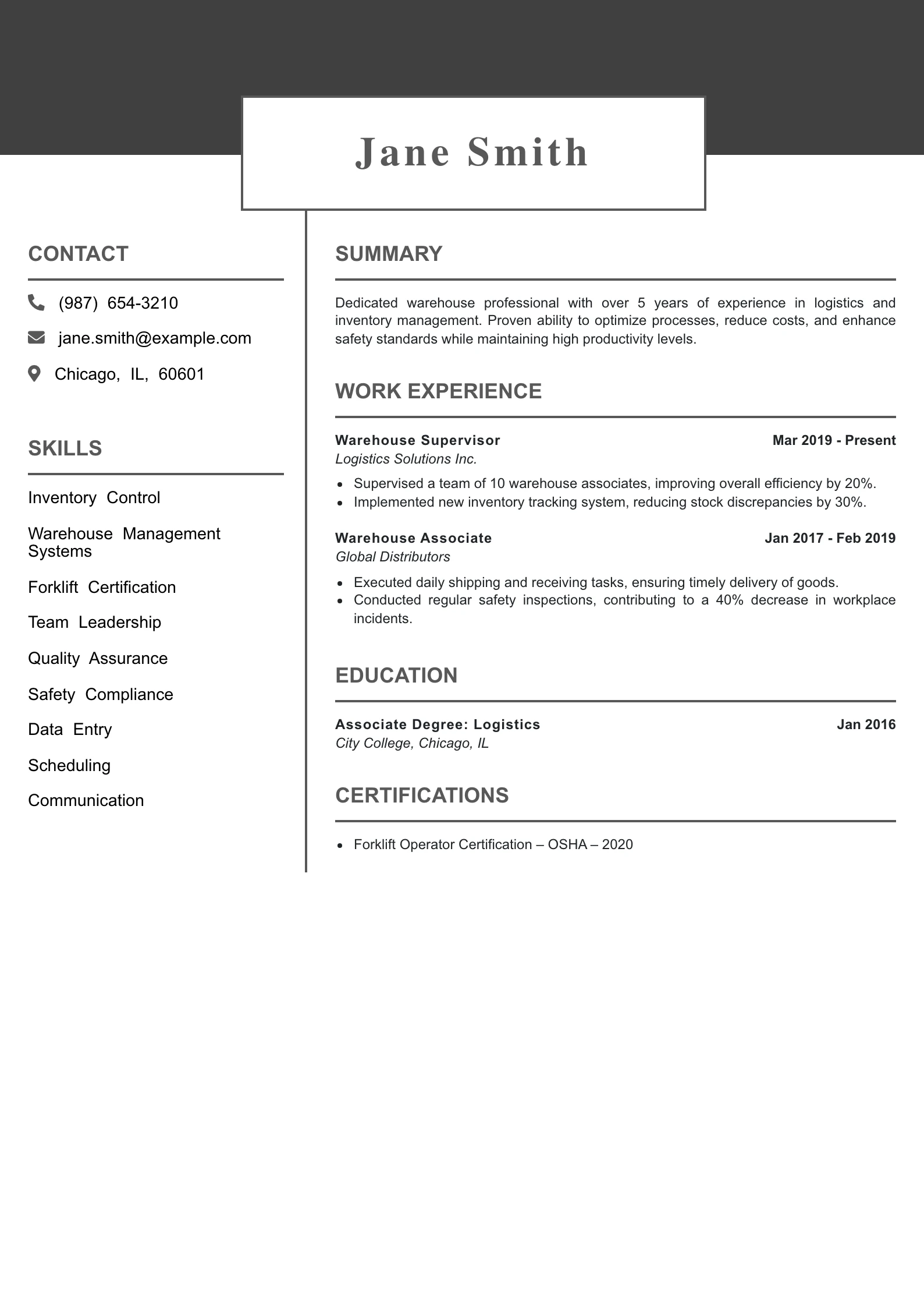Mid Level Warehouse Worker Resume Example