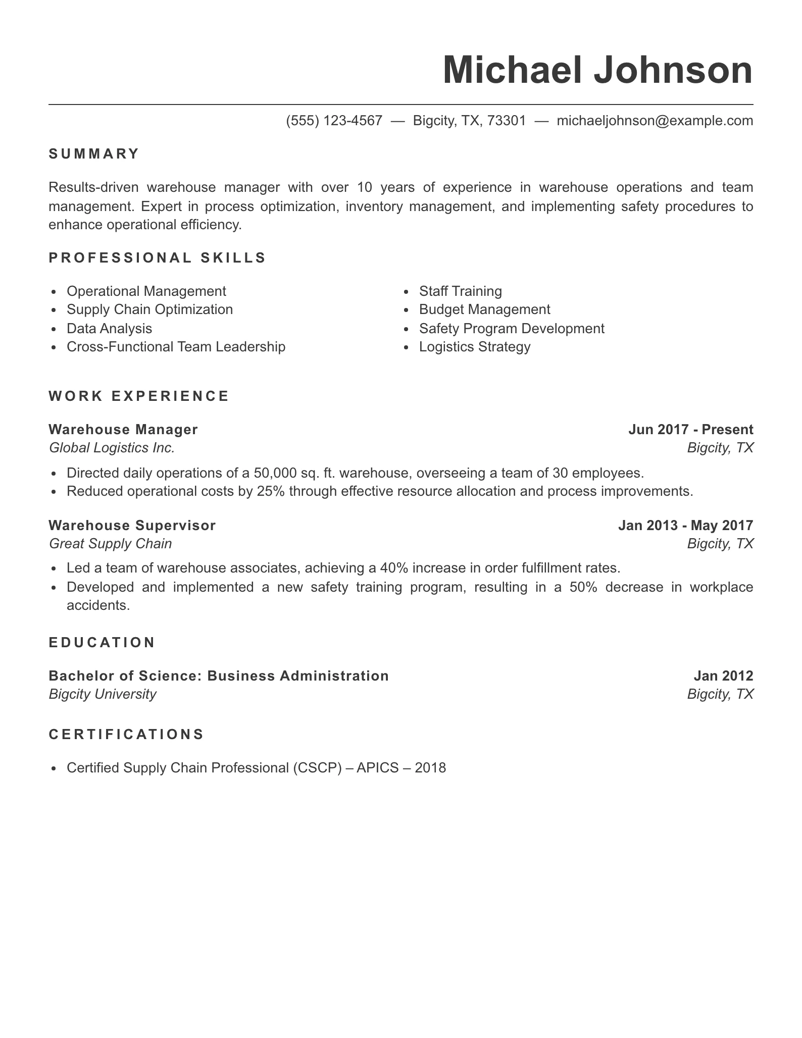 Senior Level Warehouse Worker Resume Example