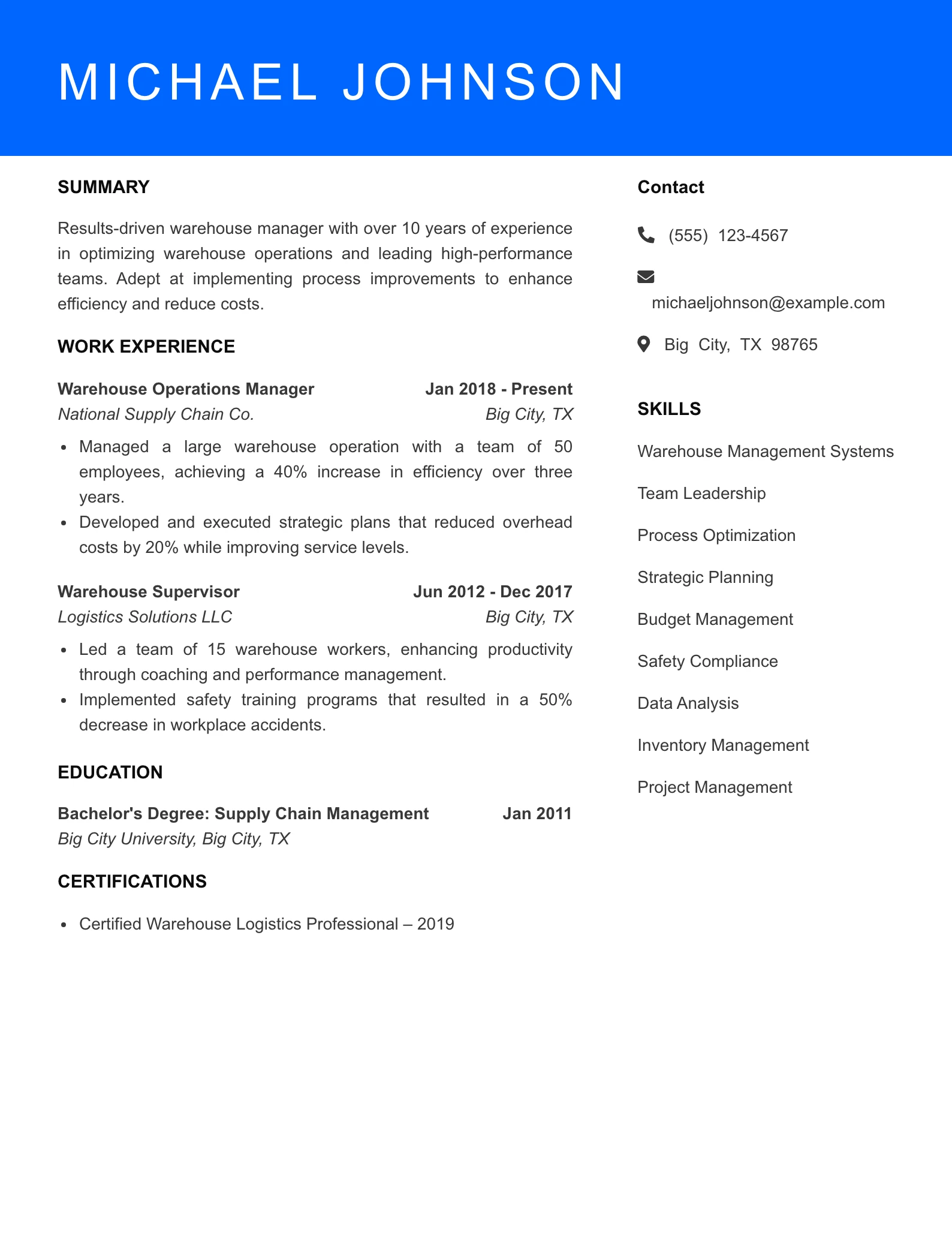 Senior Level Warehouse Worker Resume Sample