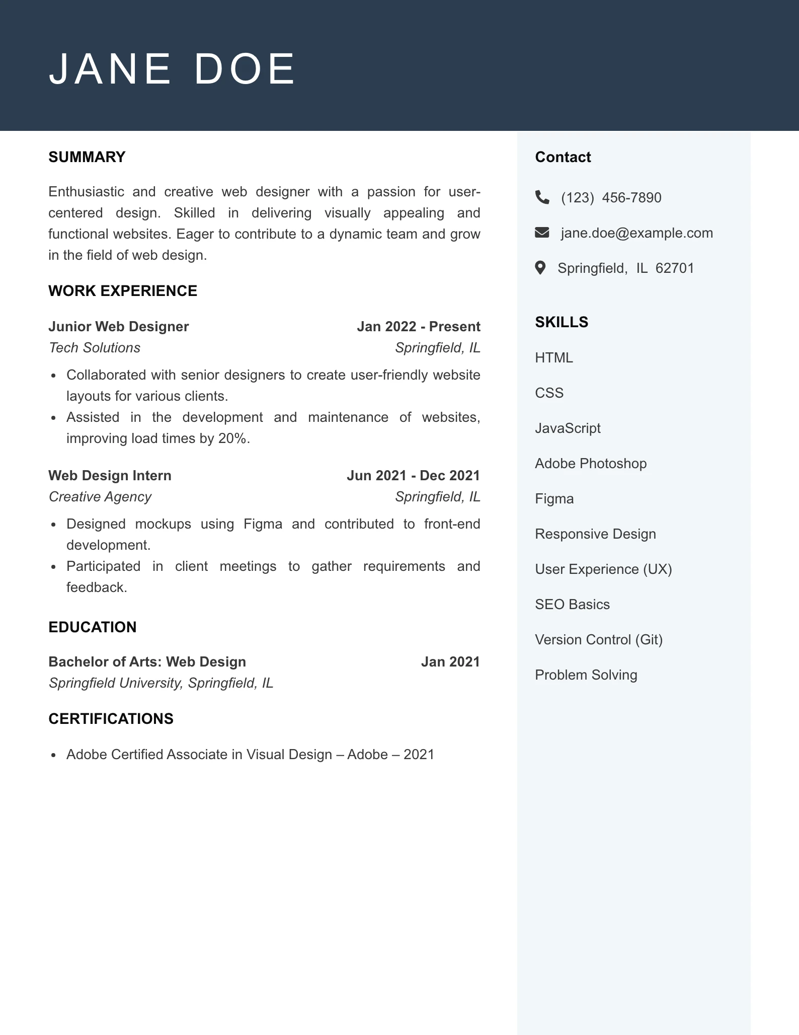 Entry Level Web Designer Resume Example