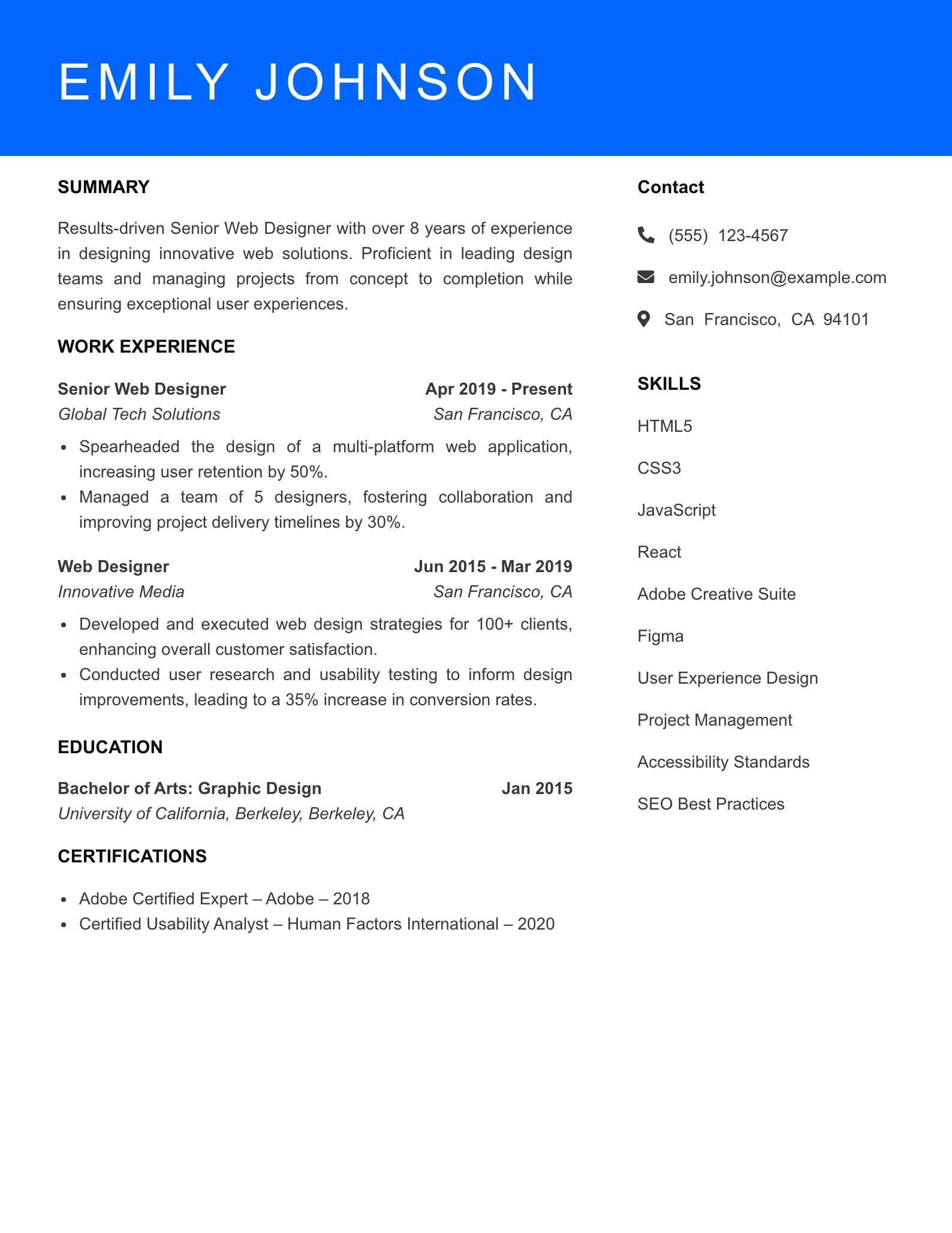 Senior Level Web Designer Resume Sample