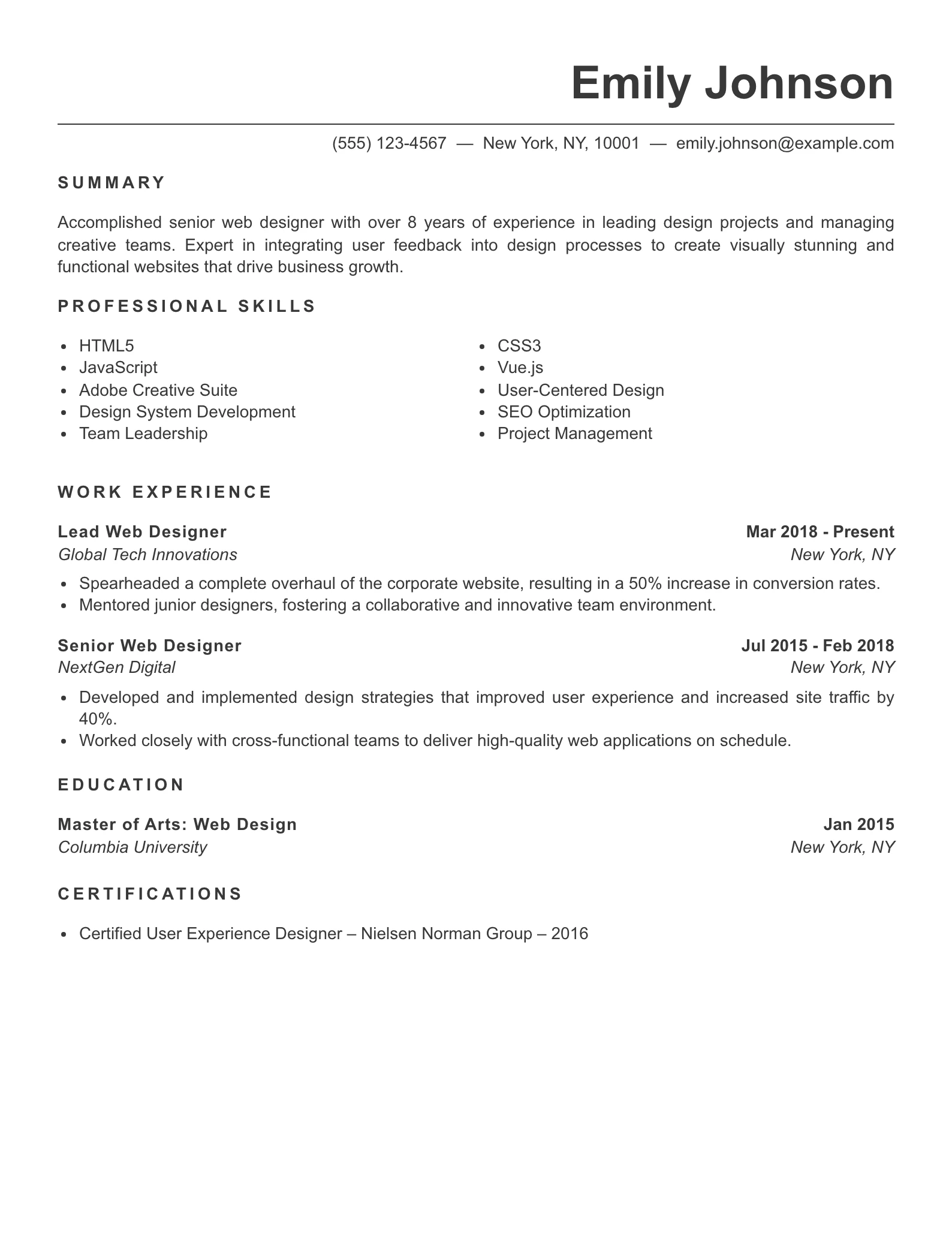 Senior Level Web Designer Resume Example