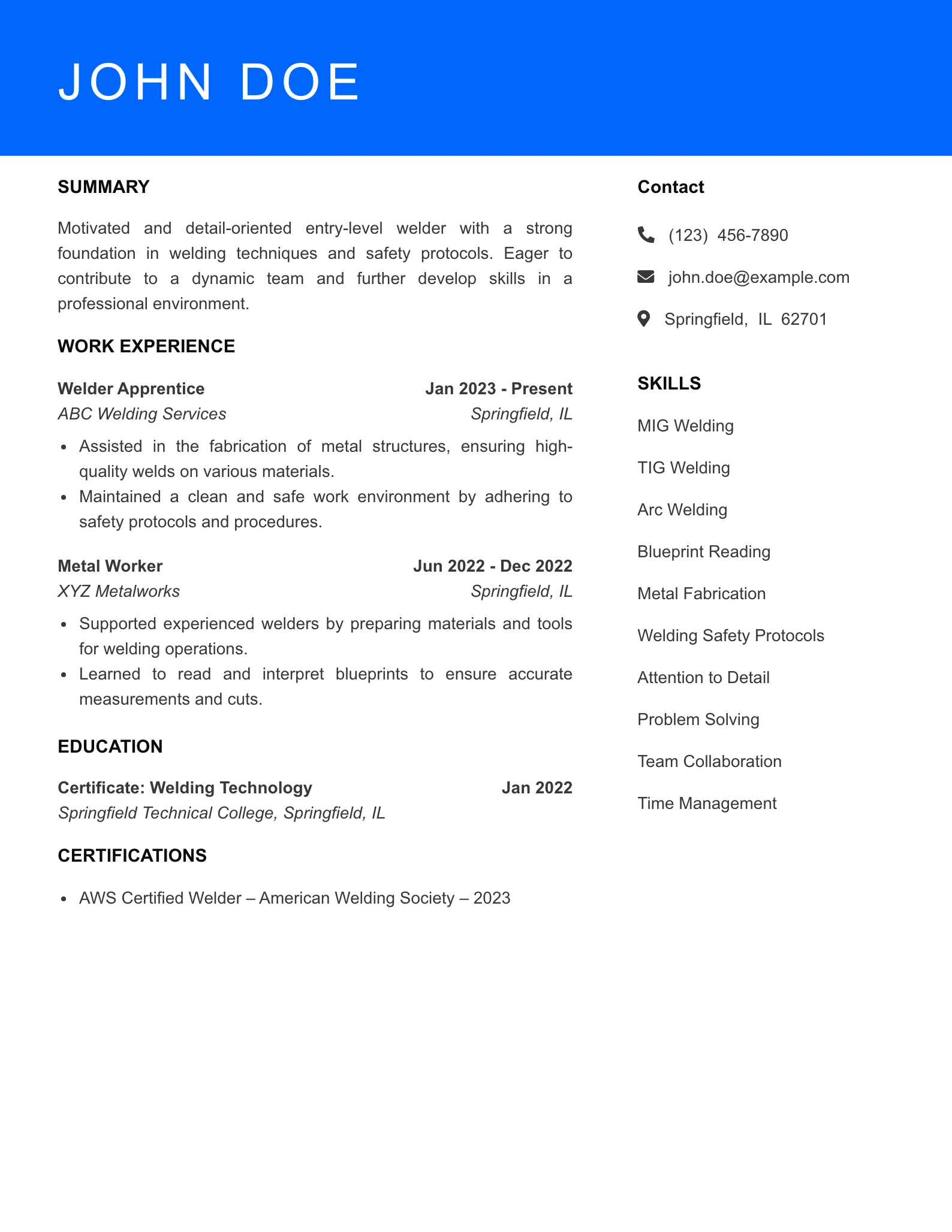 Selected Welder Resume