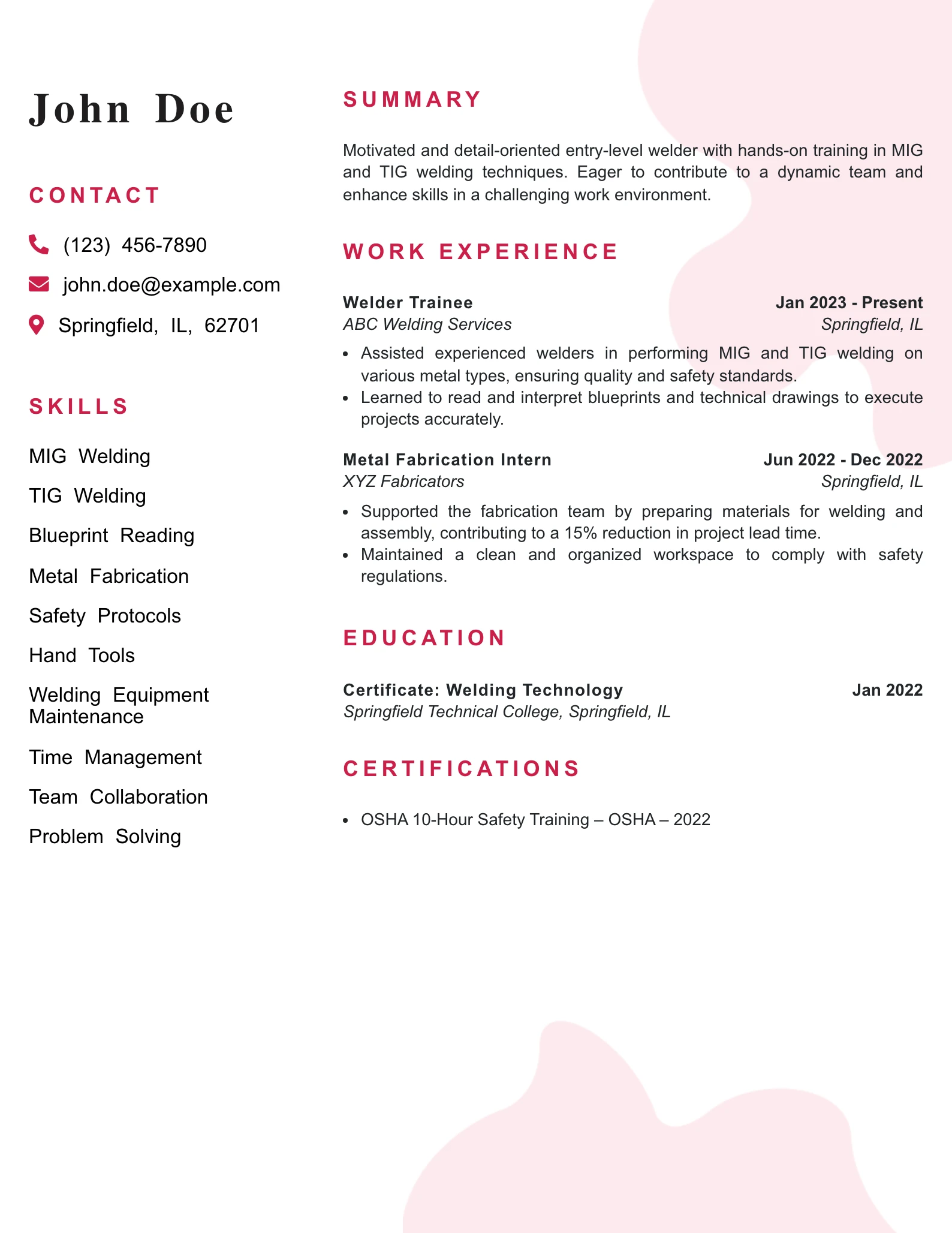 Entry Level Welder Resume Example