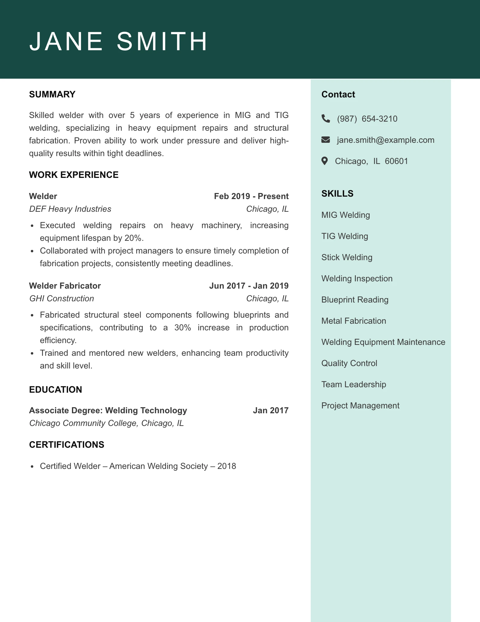 Mid Level Welder Resume Example