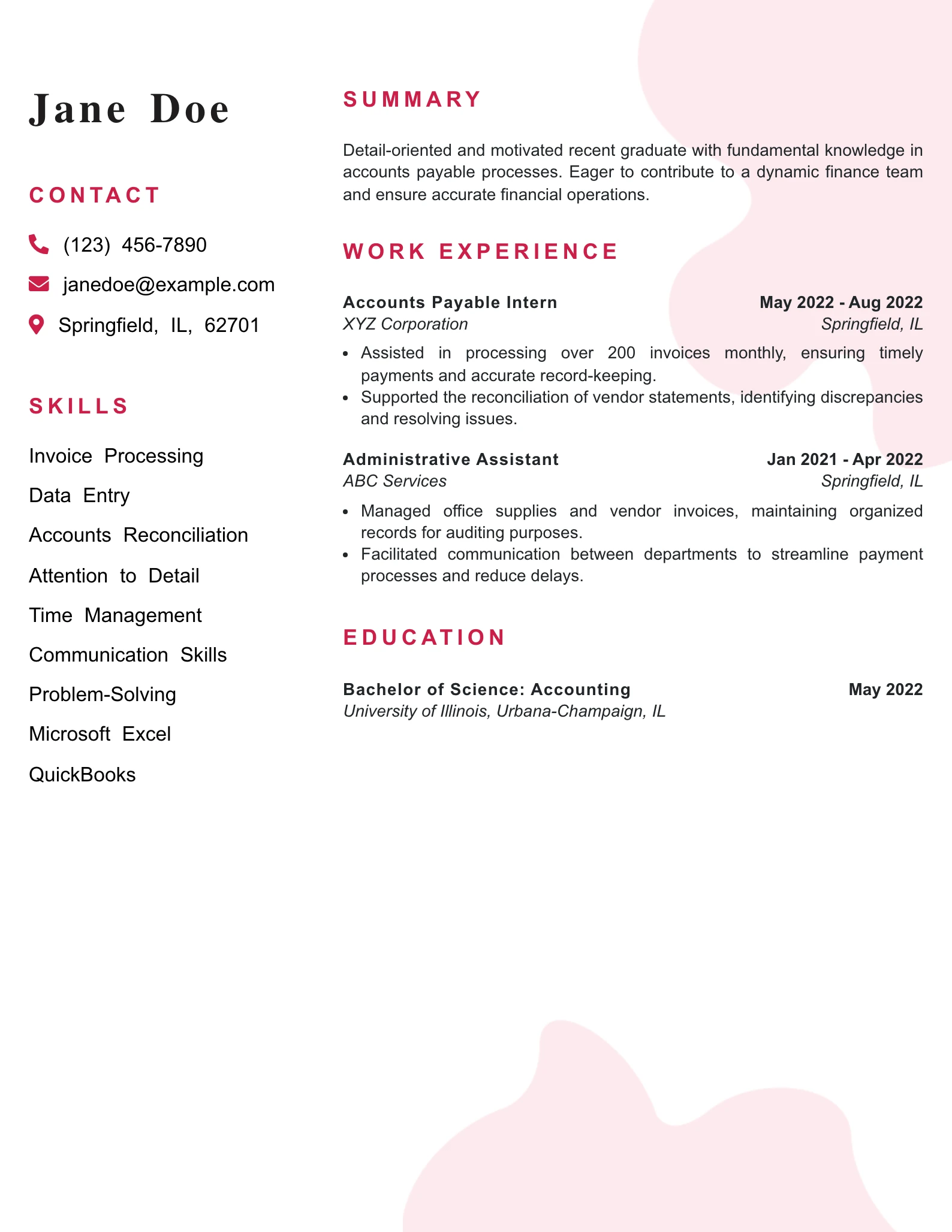 Entry Level Accounts Payable Specialist Resume Example