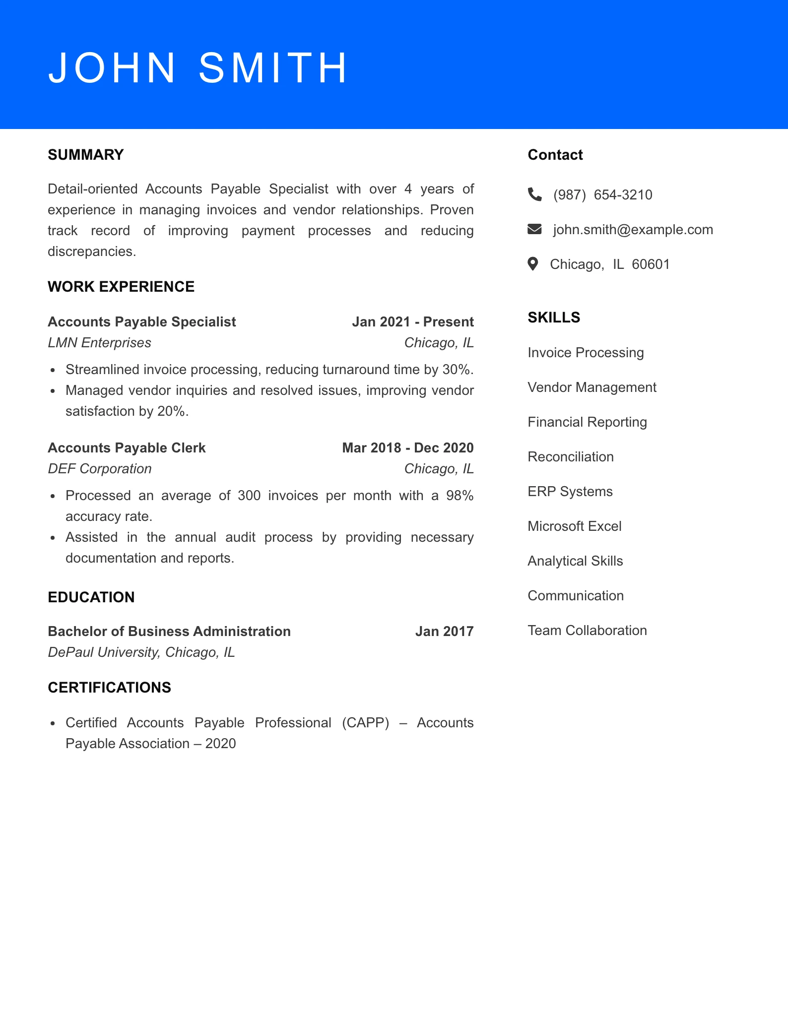 Mid Level Accounts Payable Specialist Resume Sample