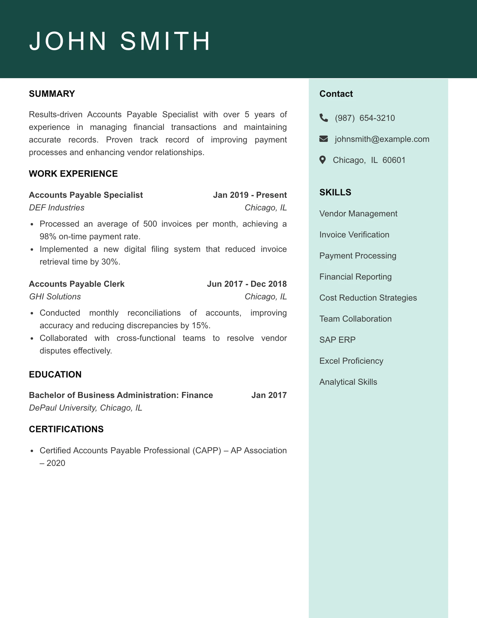 Mid Level Accounts Payable Specialist Resume Example