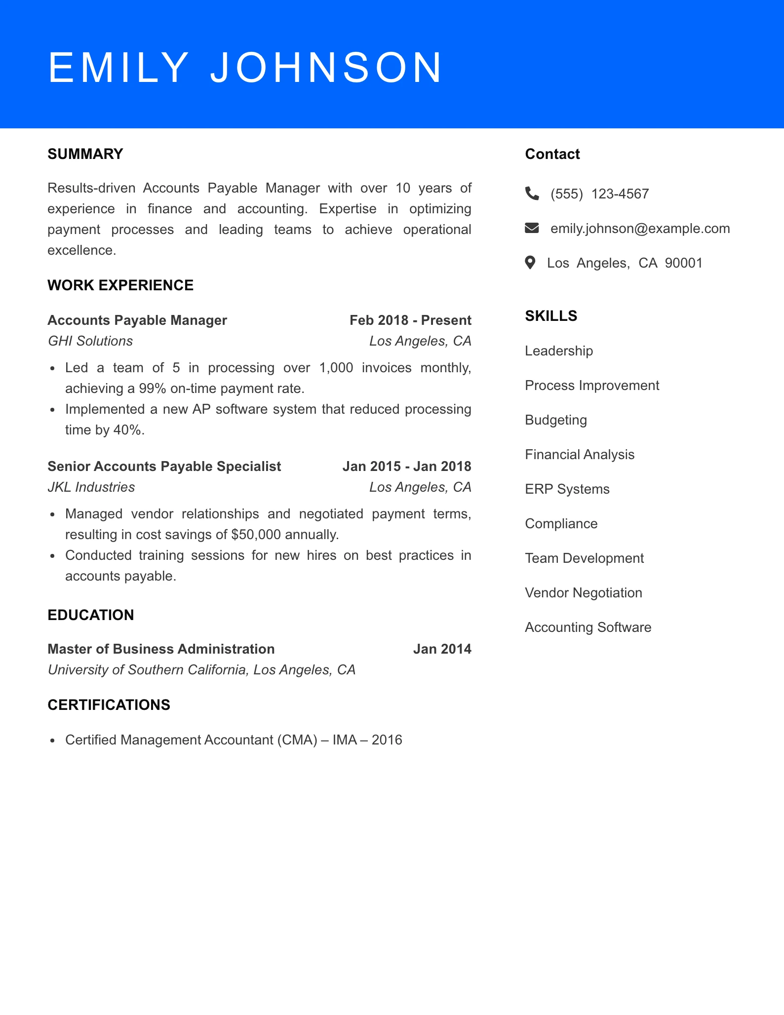 Senior Level Accounts Payable Specialist Resume Sample