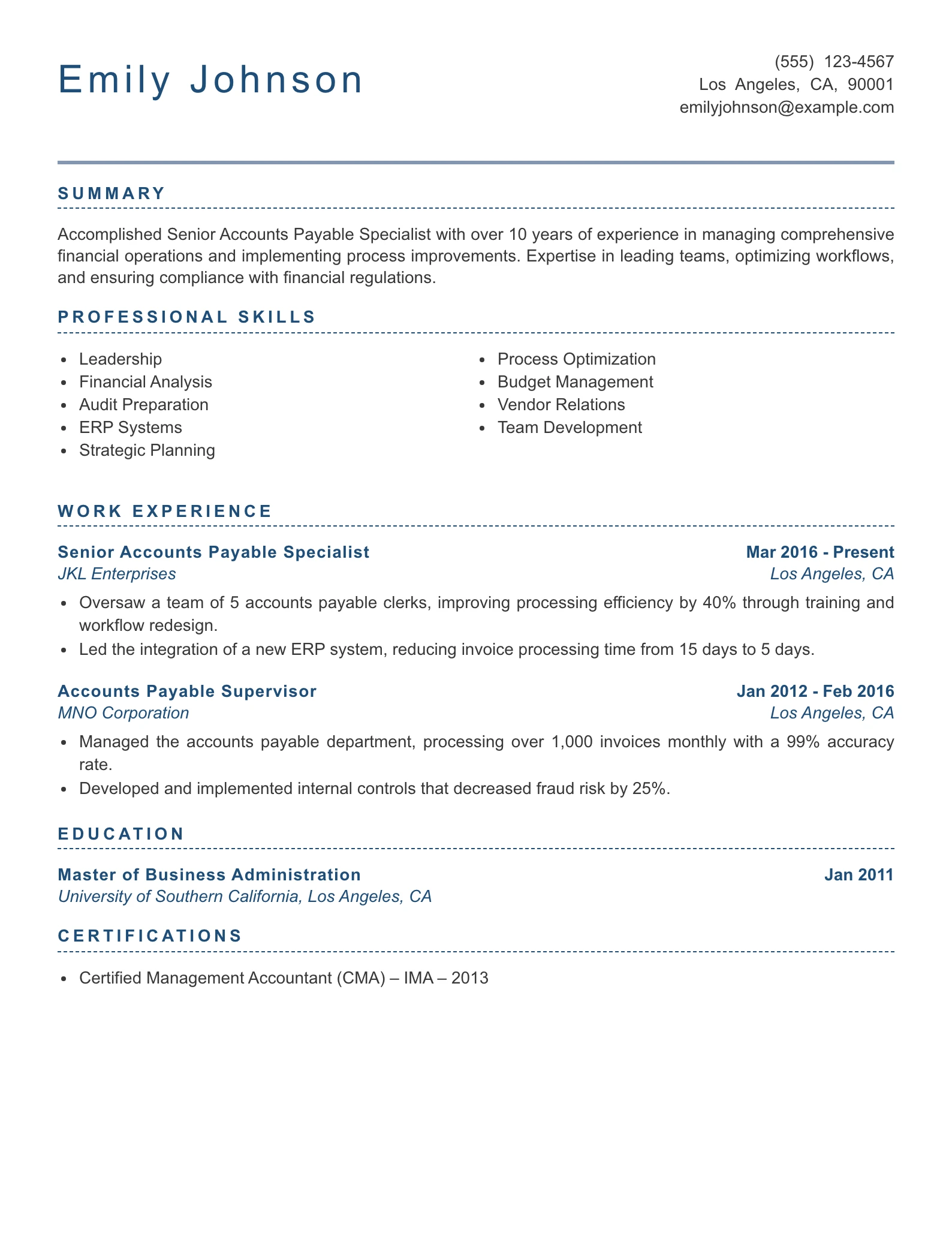 Senior Level Accounts Payable Specialist Resume Example