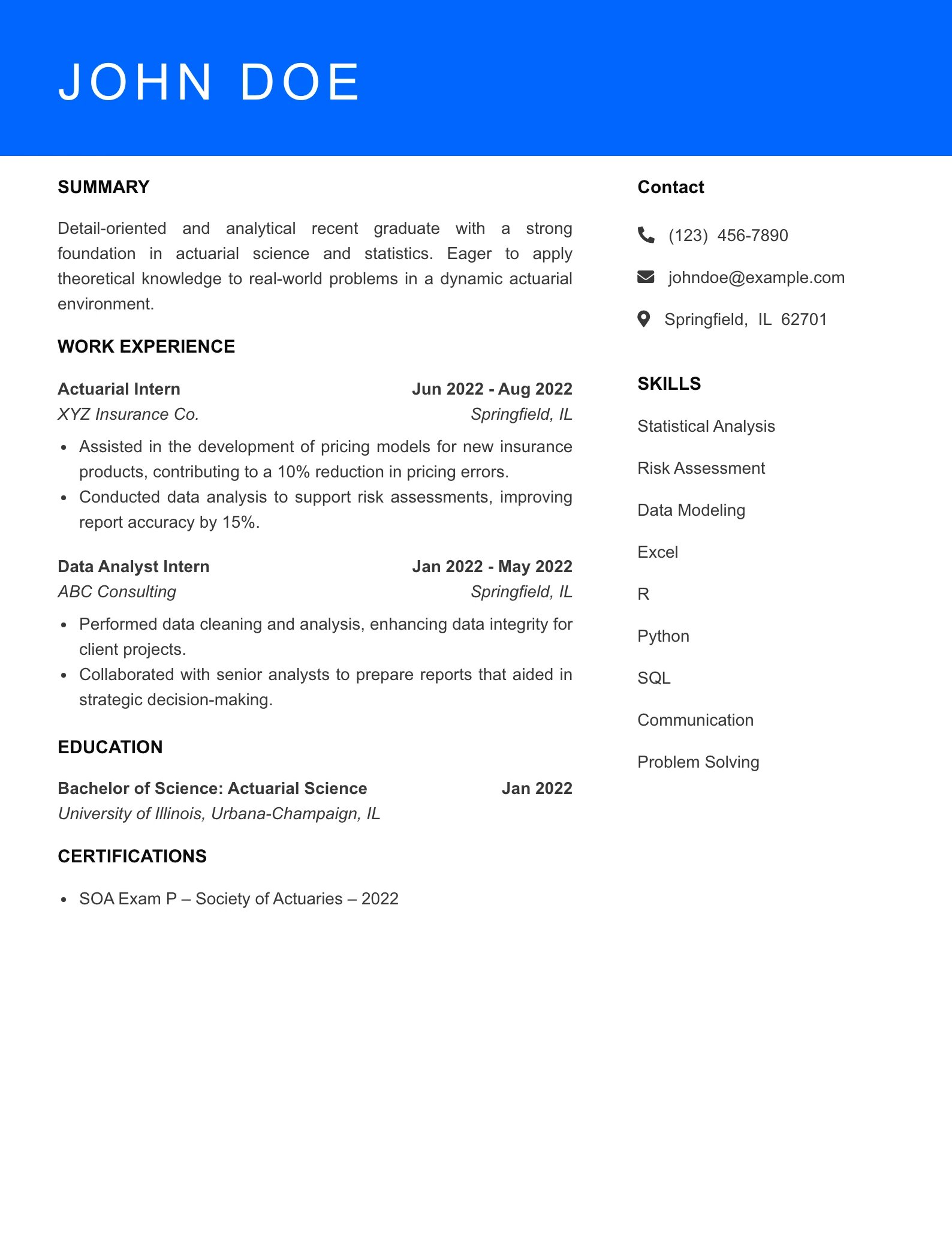 Selected Actuary Resume