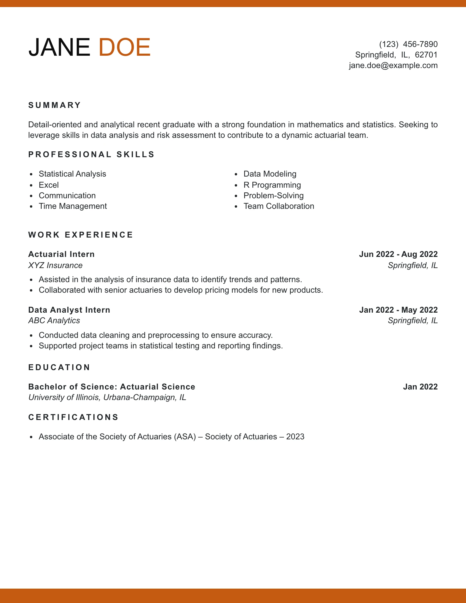 Entry Level Actuary Resume Example