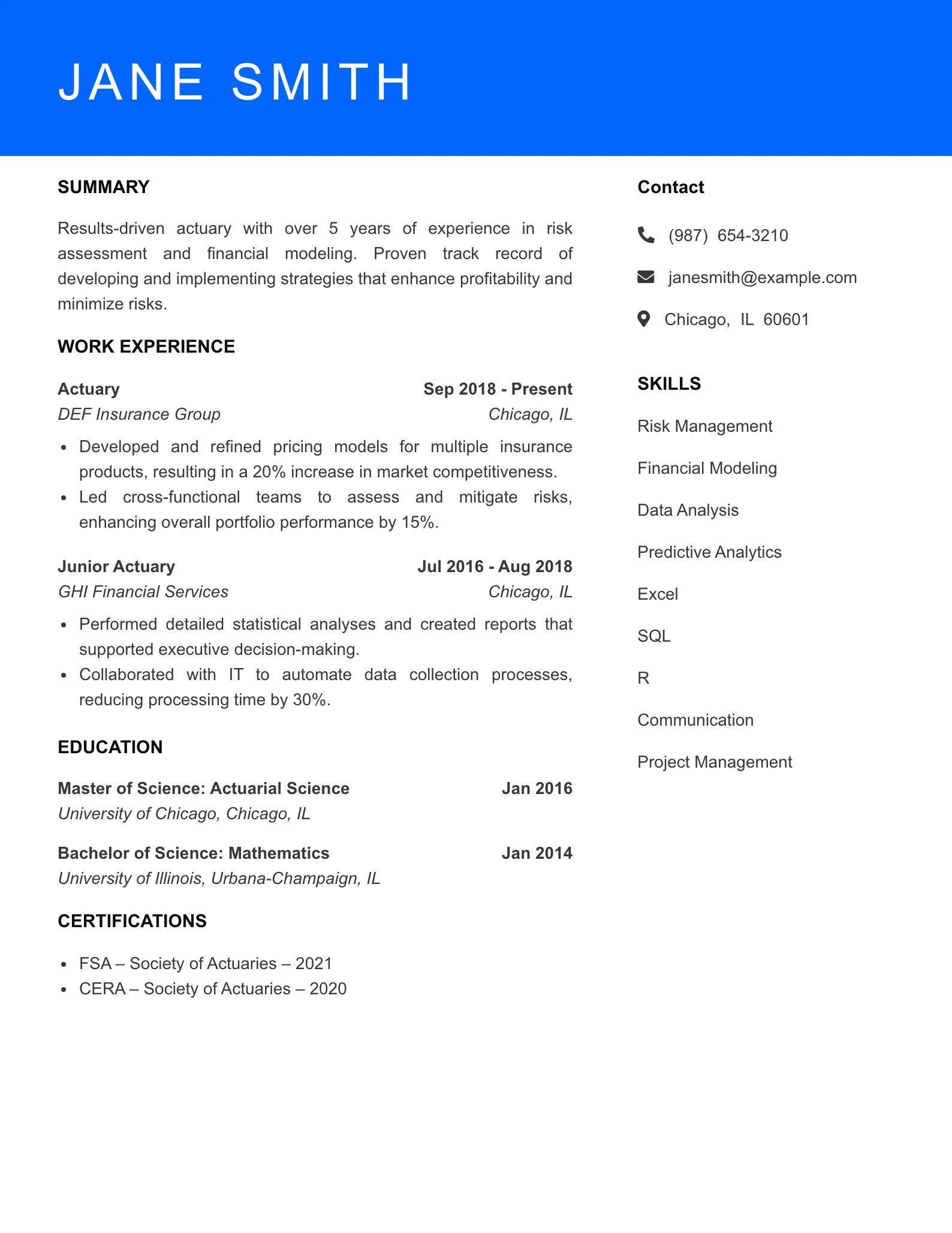 Mid Level Actuary Resume Sample