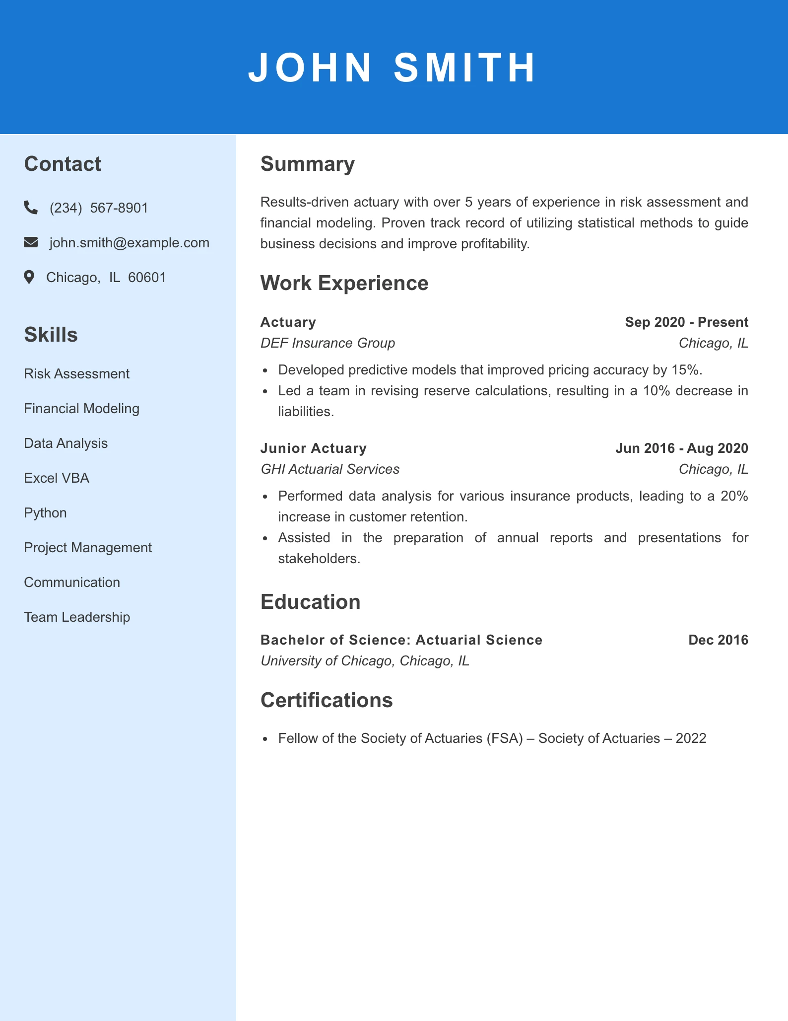 Mid Level Actuary Resume Example
