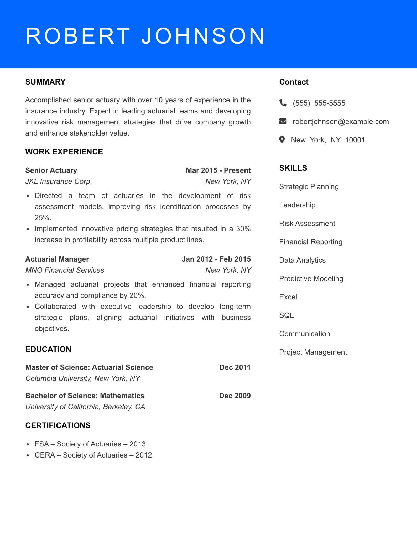 Senior Level Actuary Resume Sample