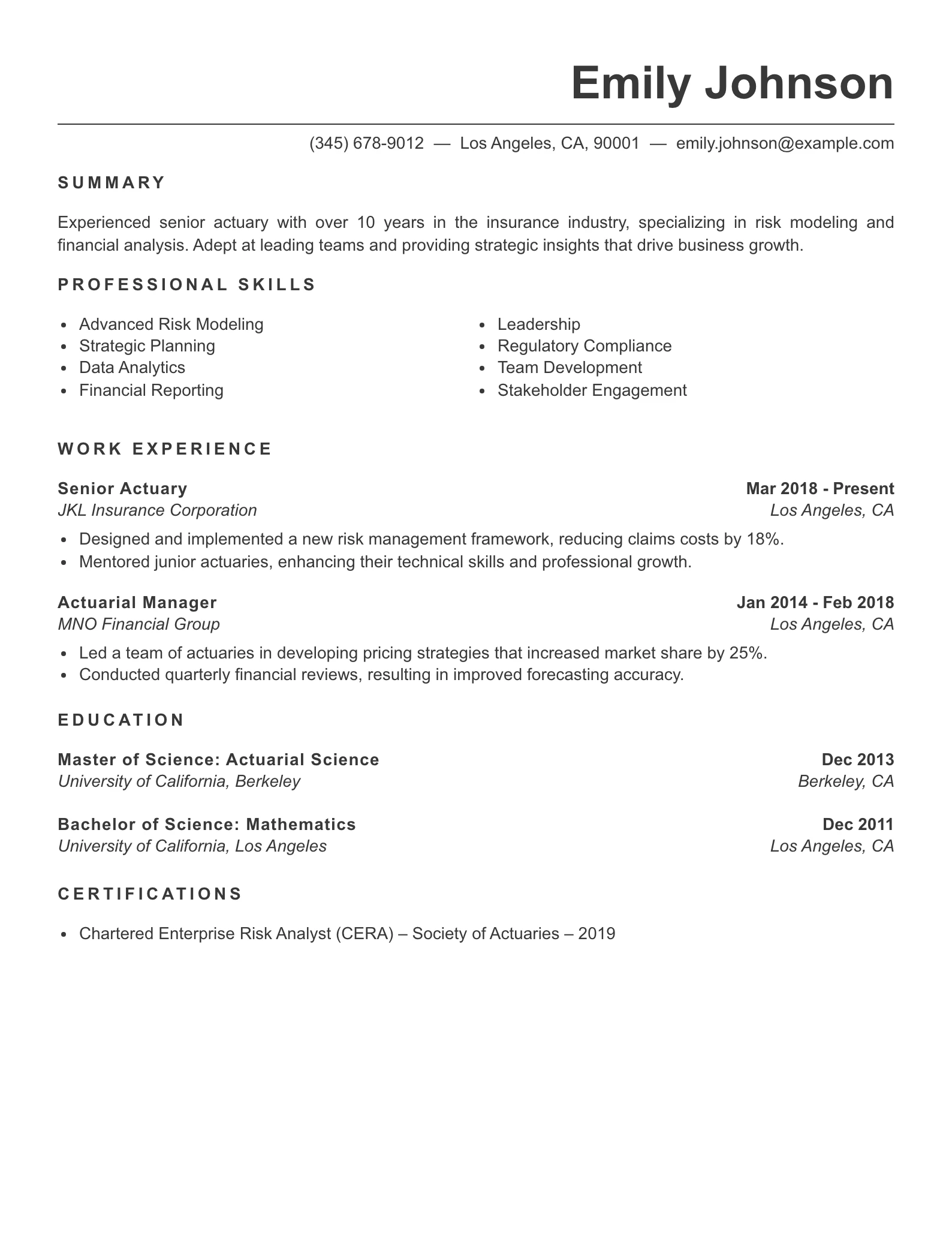 Senior Level Actuary Resume Example