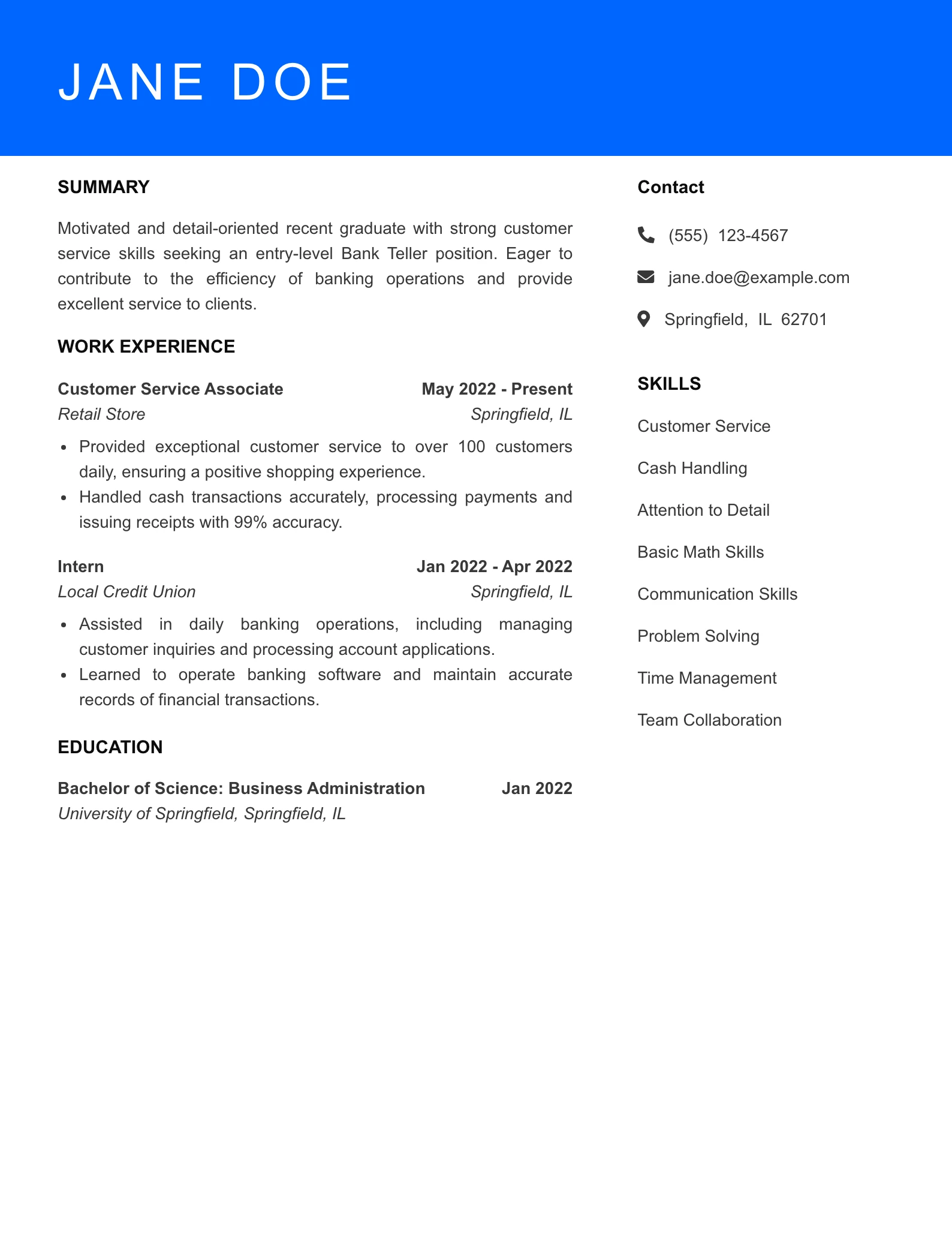 Selected Bank Teller Resume