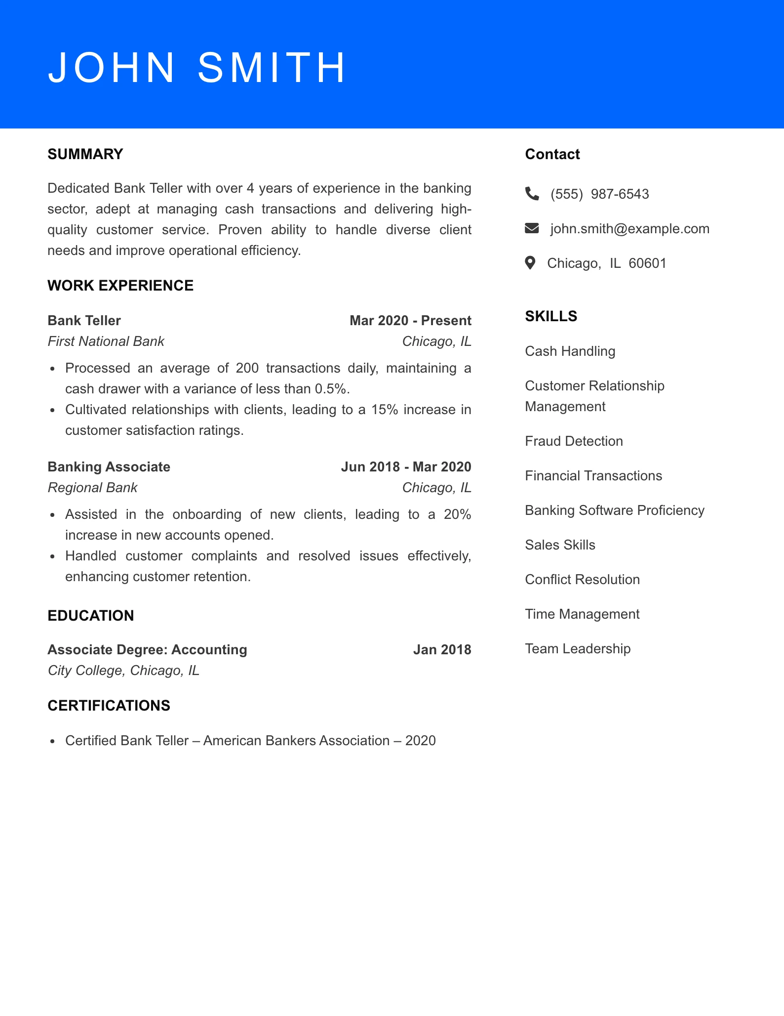 Mid Level Bank Teller Resume Sample