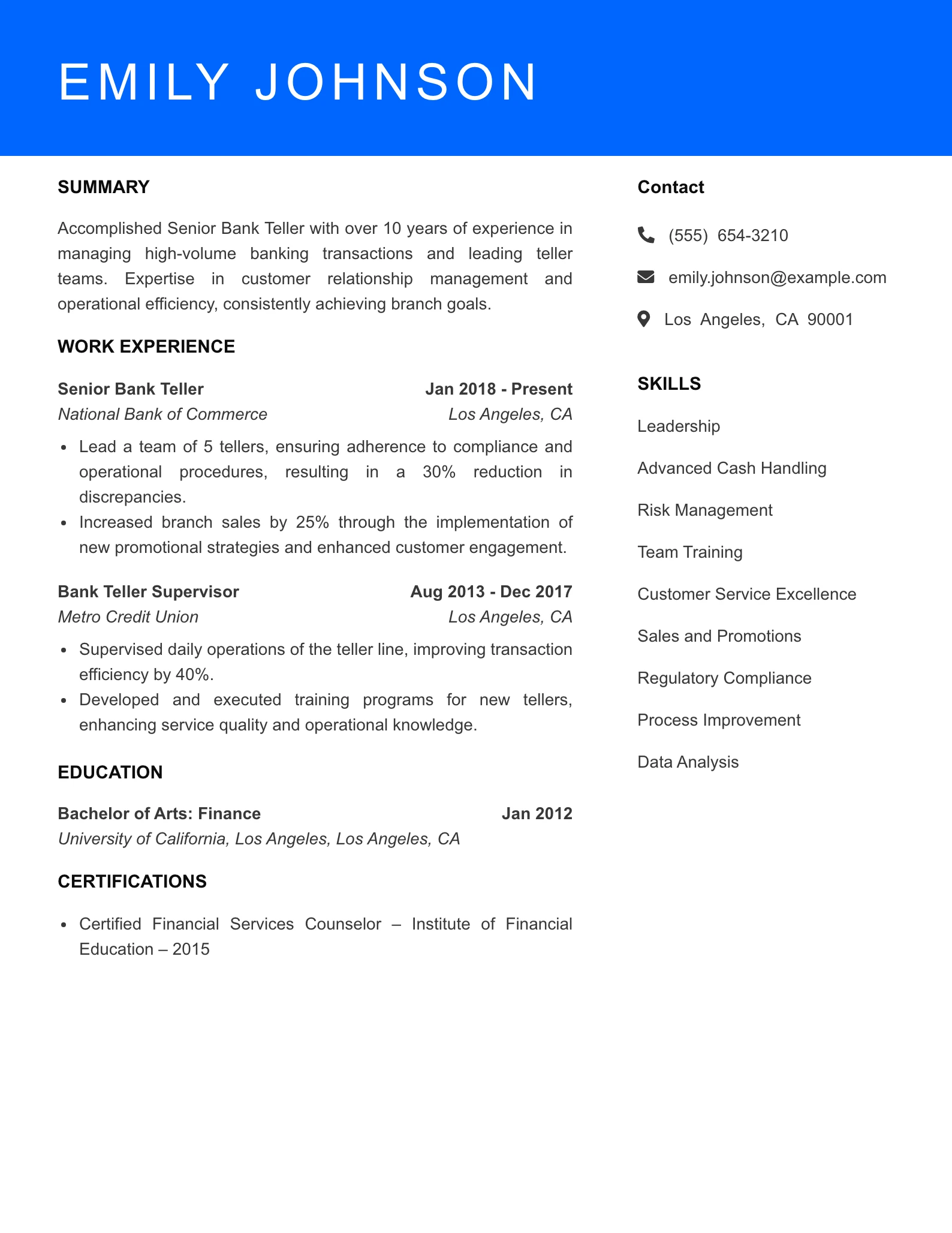 Senior Level Bank Teller Resume Sample