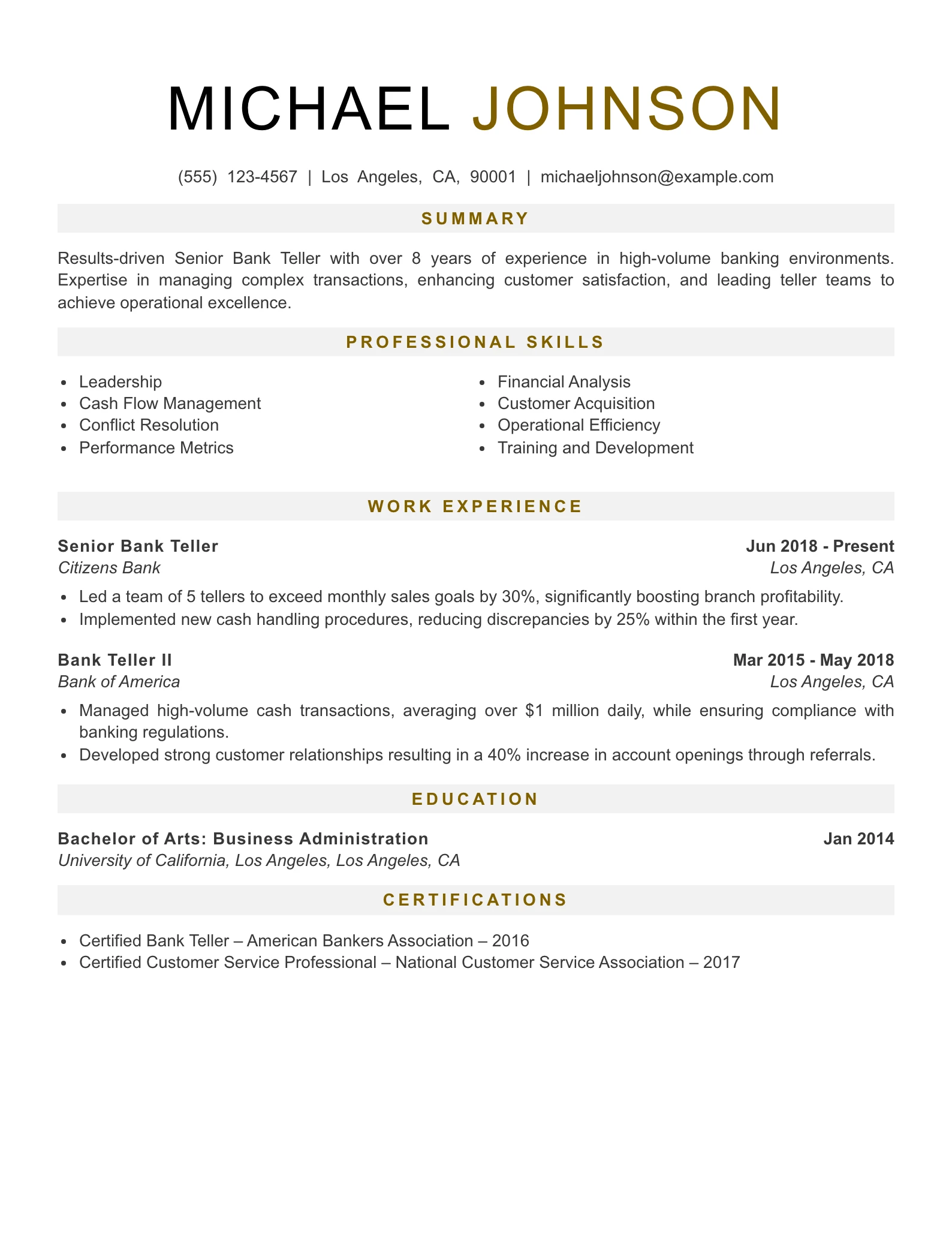 Senior Level Bank Teller Resume Example