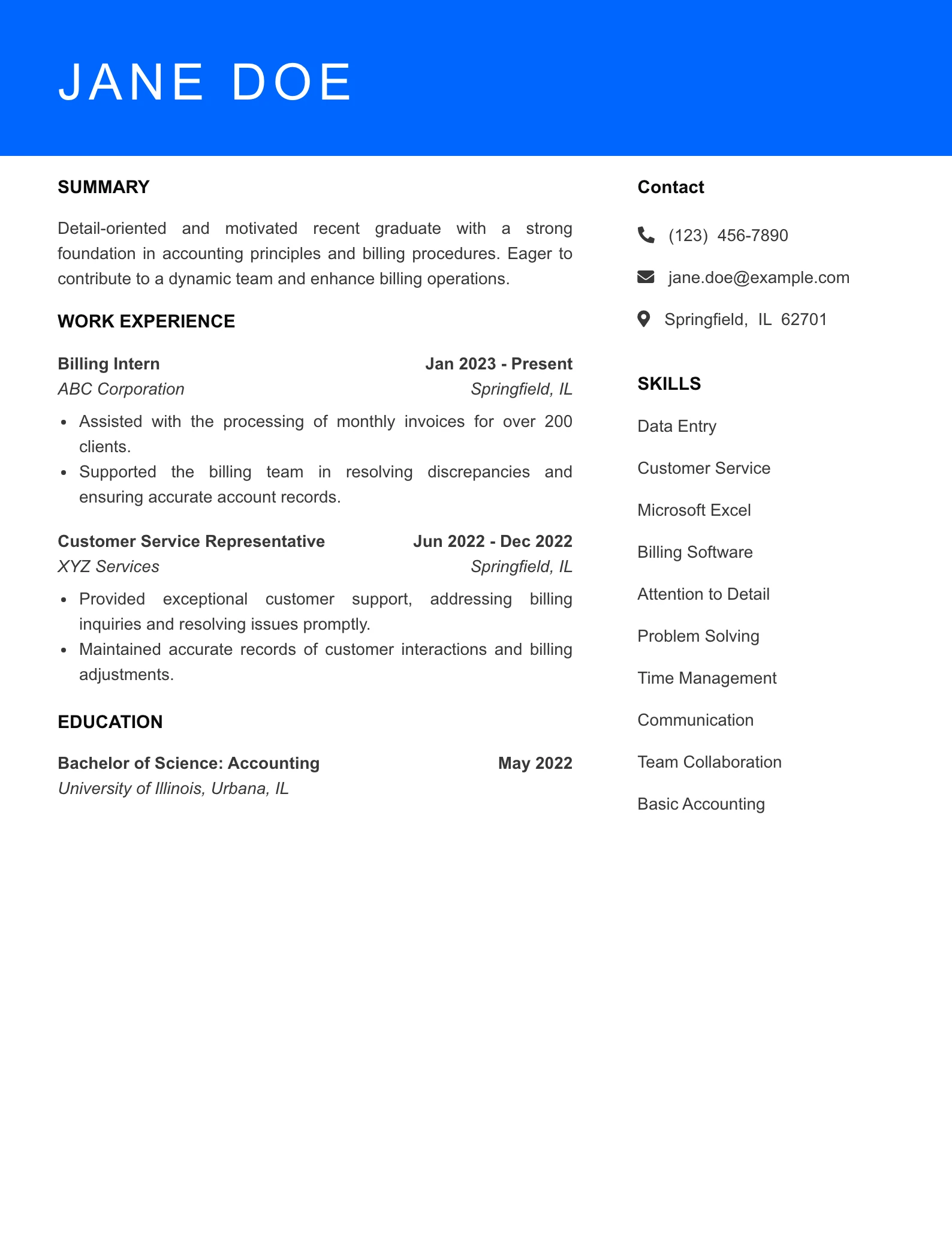 Selected Billing Specialist Resume