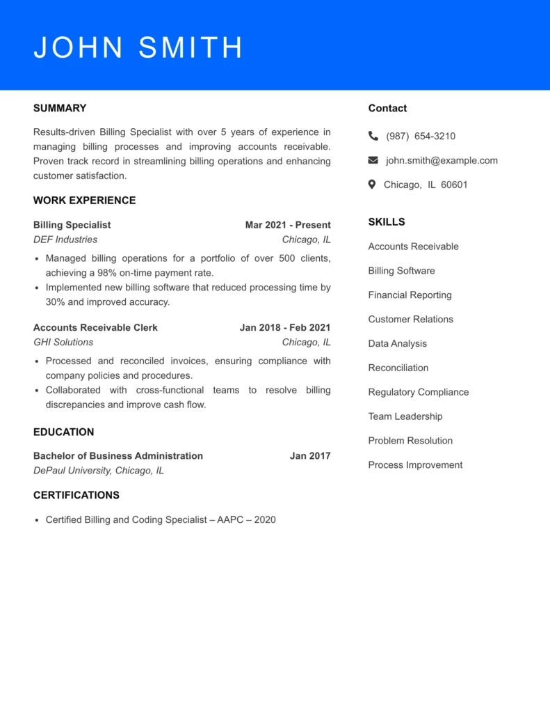 Billing Specialist Resume Template