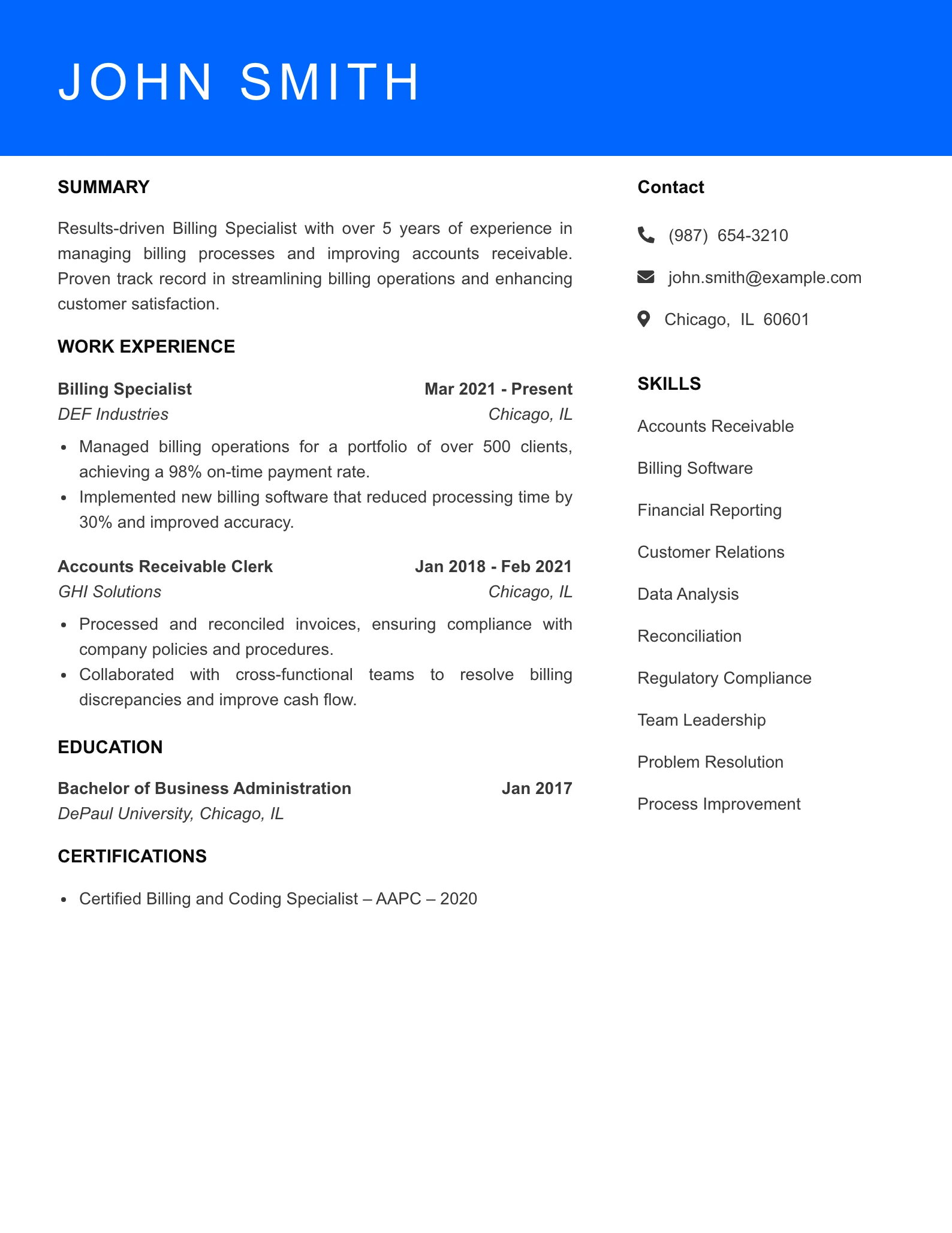 Mid Level Billing Specialist Resume Sample