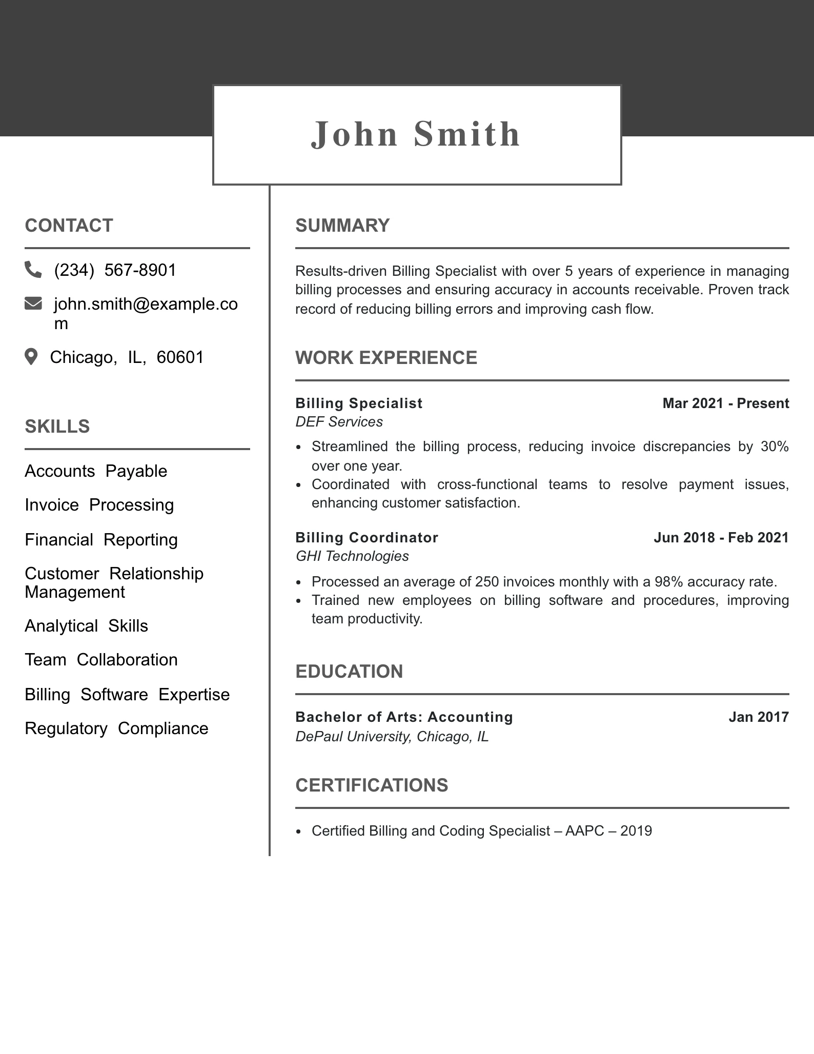 Mid Level Billing Specialist Resume Example