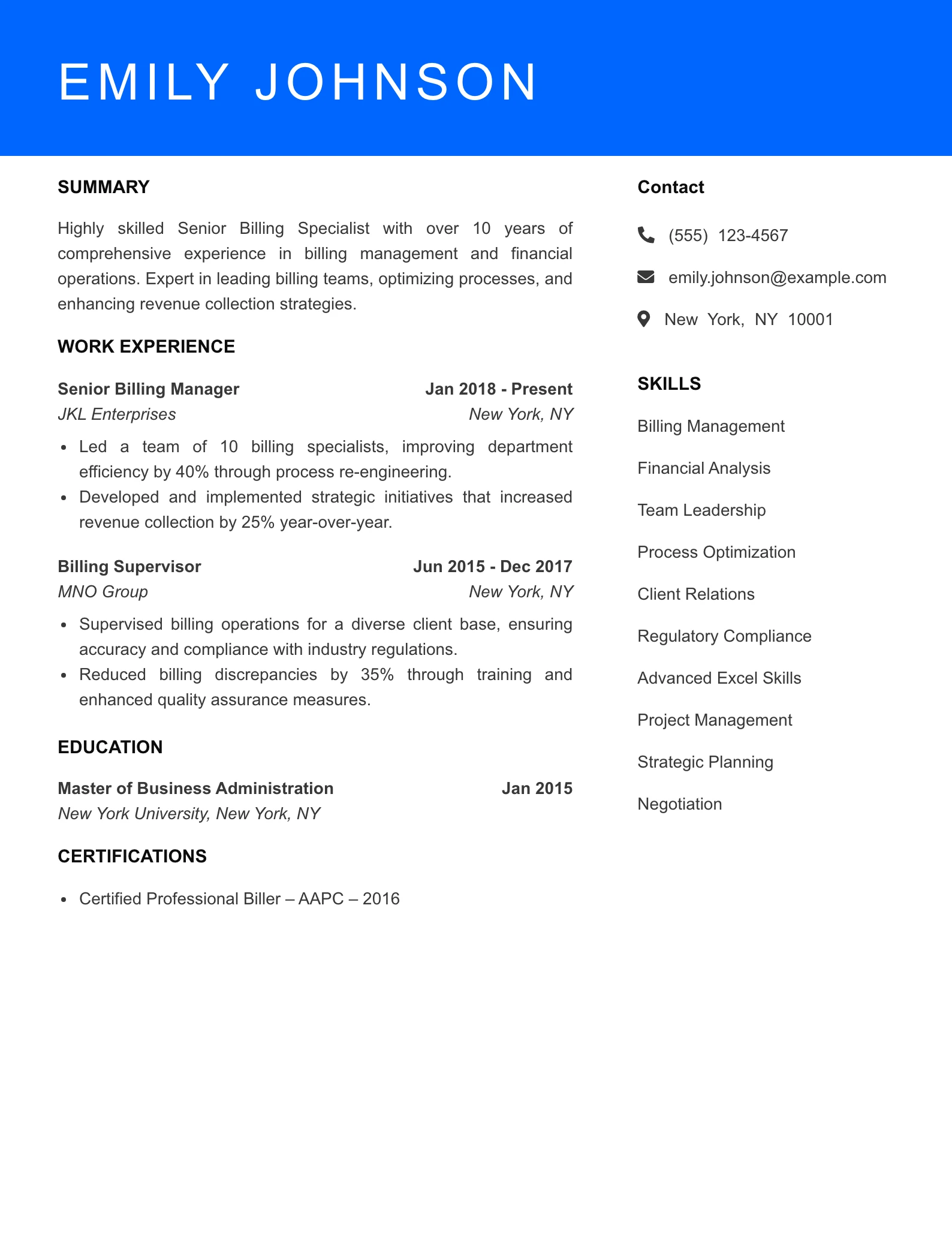 Senior Level Billing Specialist Resume Sample