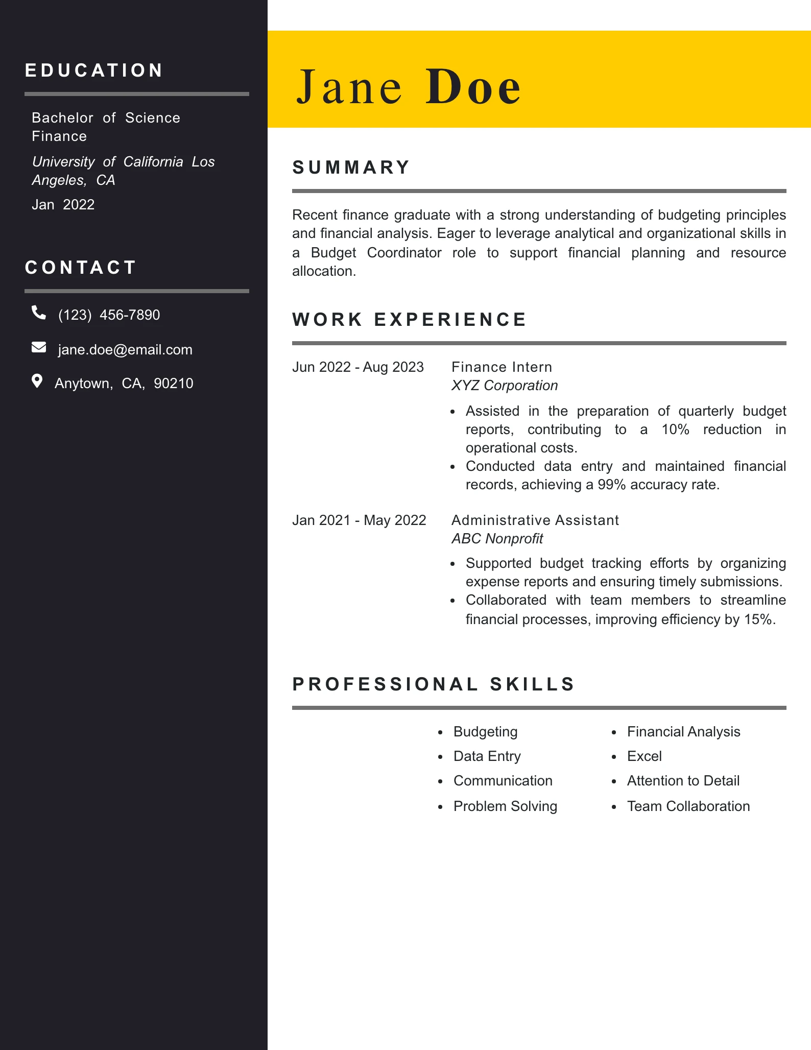 Entry Level Budget Coordinator Resume Example