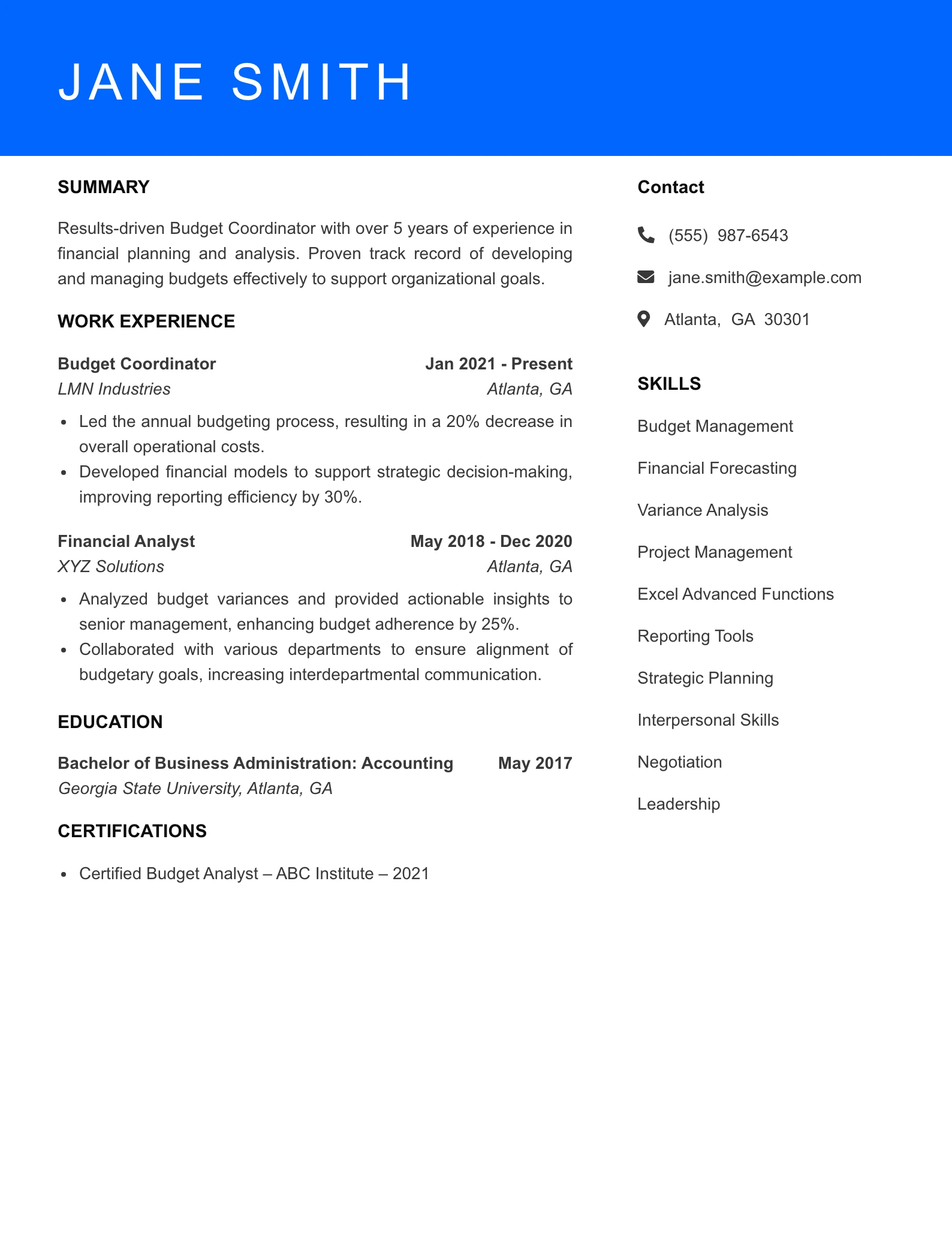 Mid Level Budget Coordinator Resume Sample