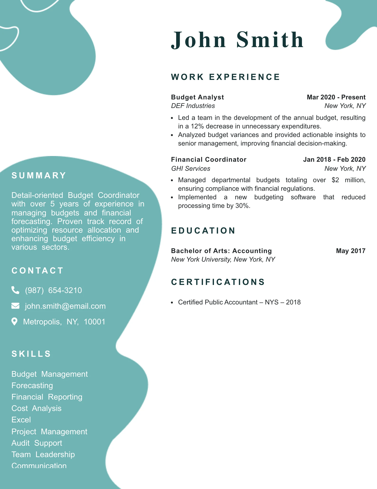 Mid Level Budget Coordinator Resume Example