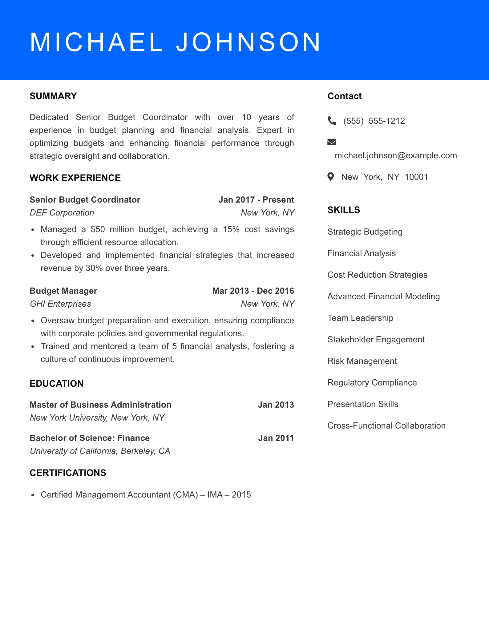Senior Level Budget Coordinator Resume Sample