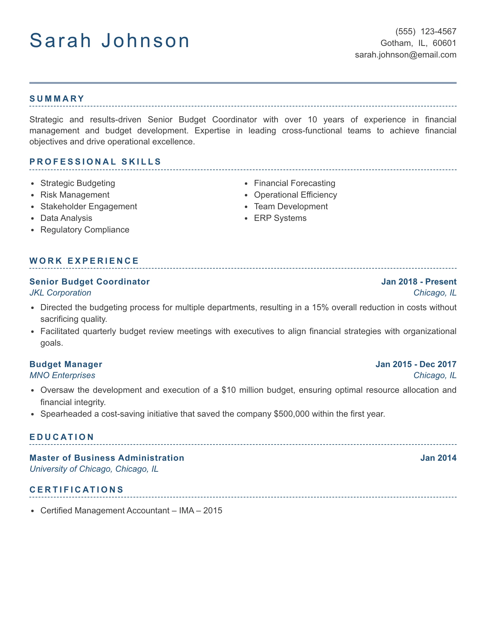 Senior Level Budget Coordinator Resume Example