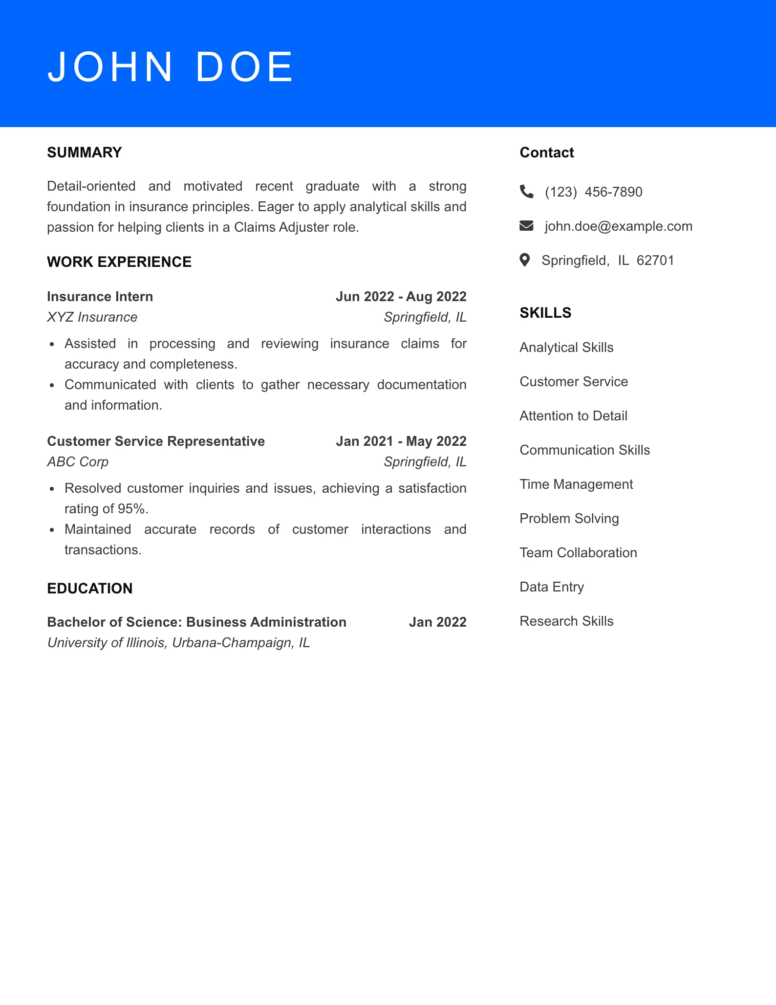 Selected Claims Adjuster Resume