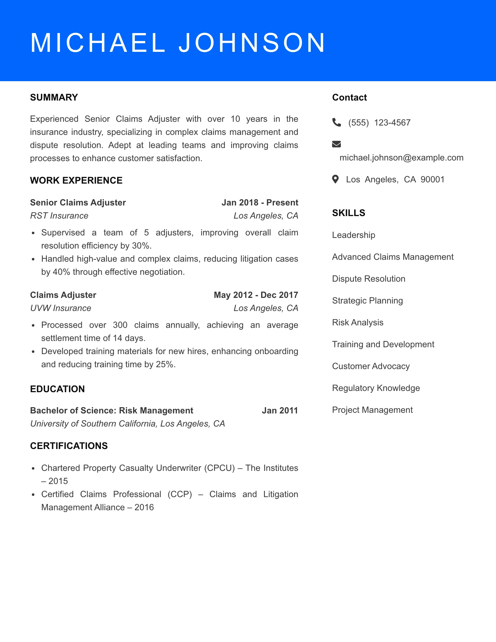Senior Level Claims Adjuster Resume Sample