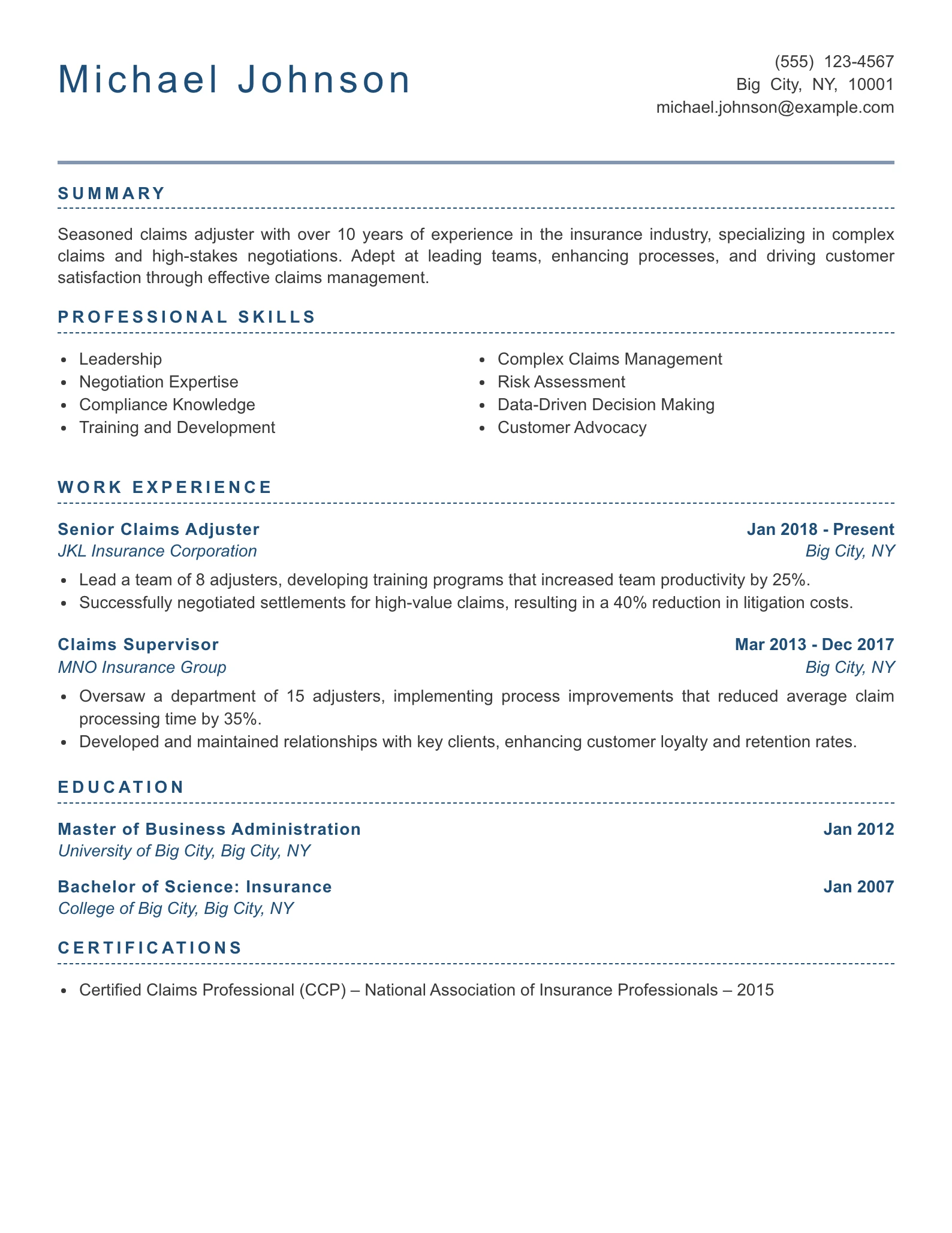 Senior Level Claims Adjuster Resume Example