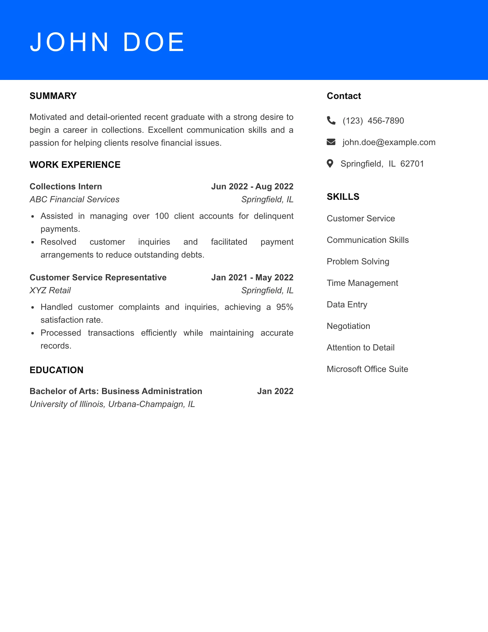 Selected Collections Agent Resume