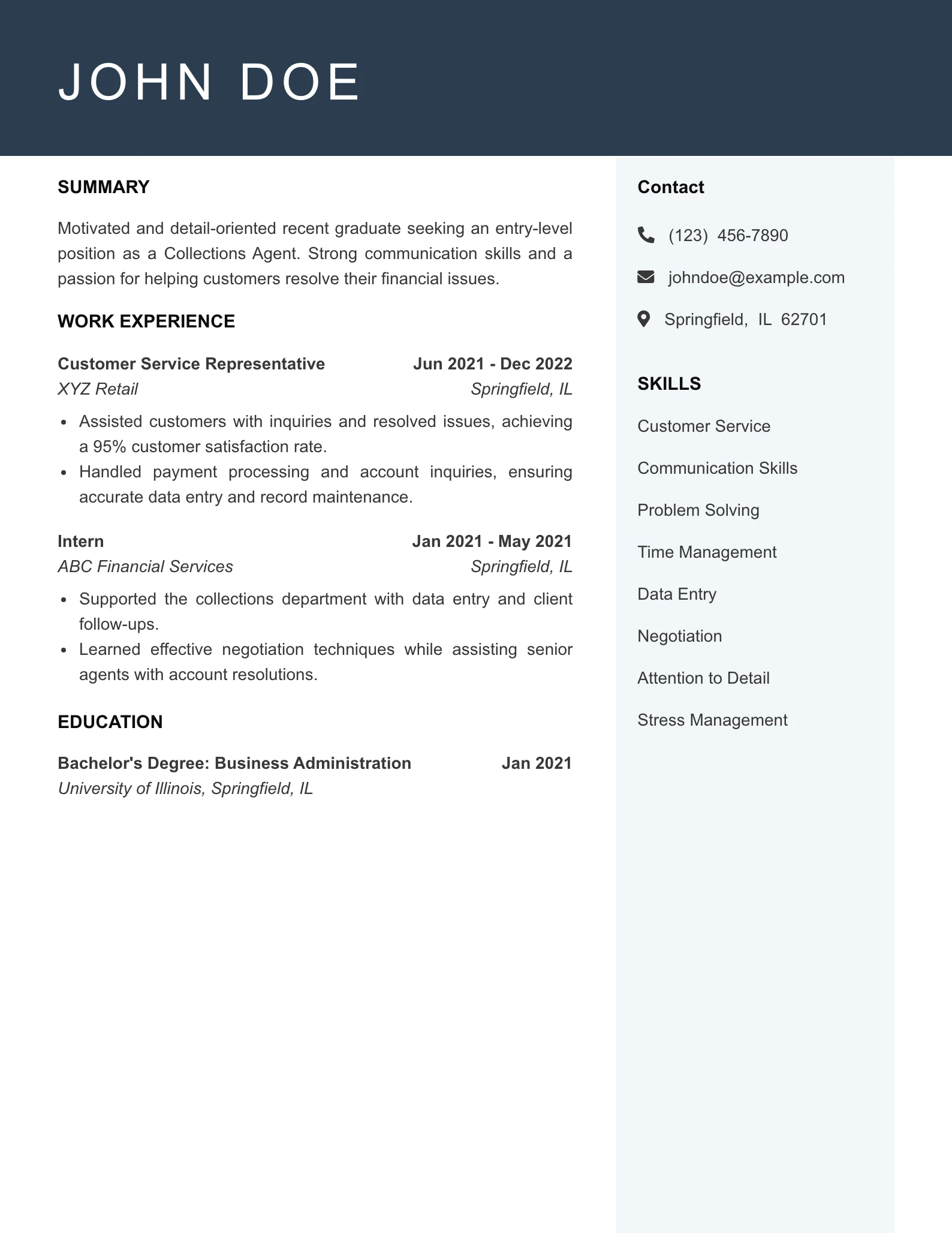 Entry Level Collections Agent Resume Example