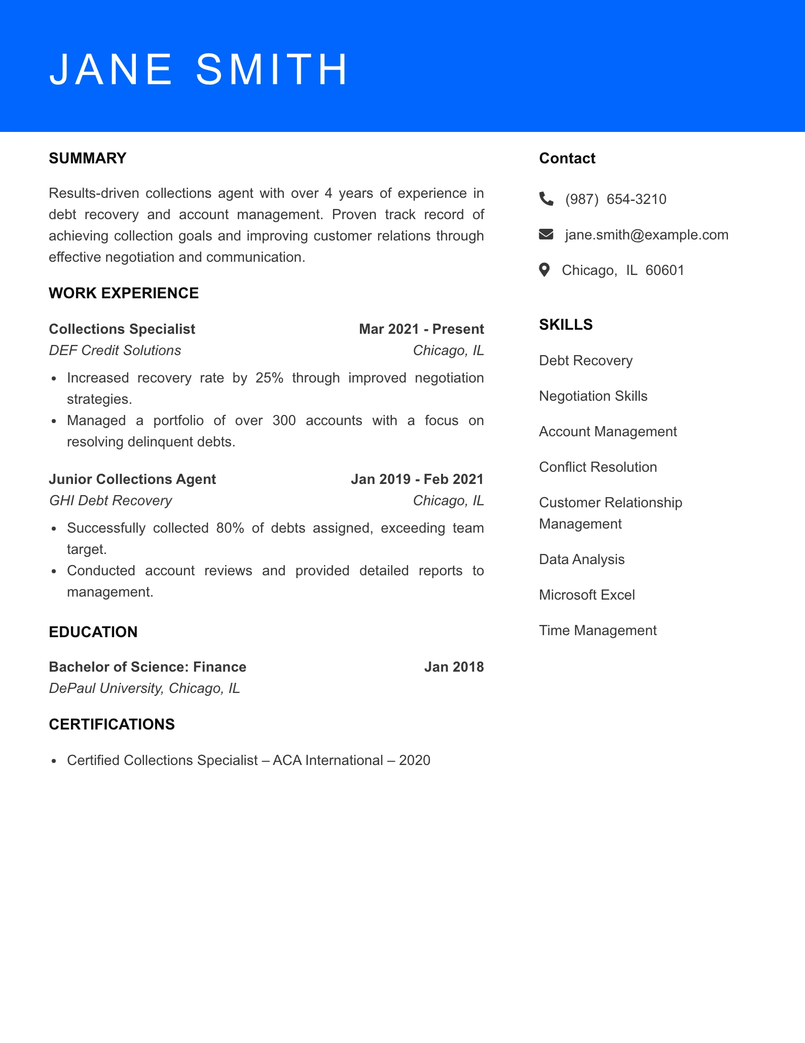 Mid Level Collections Agent Resume Sample